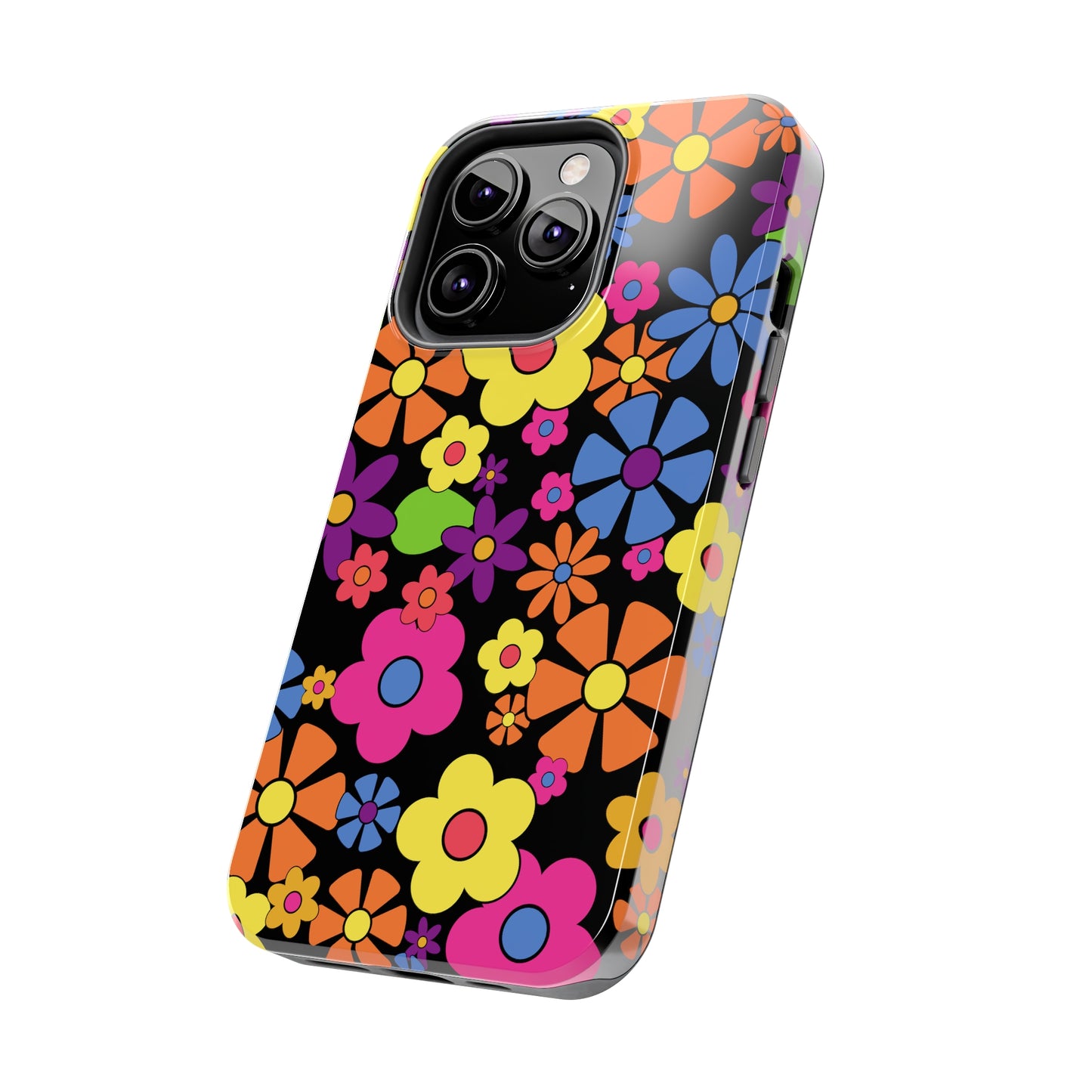 Flower Power Design on Black Background Iphone Tough Phone Case