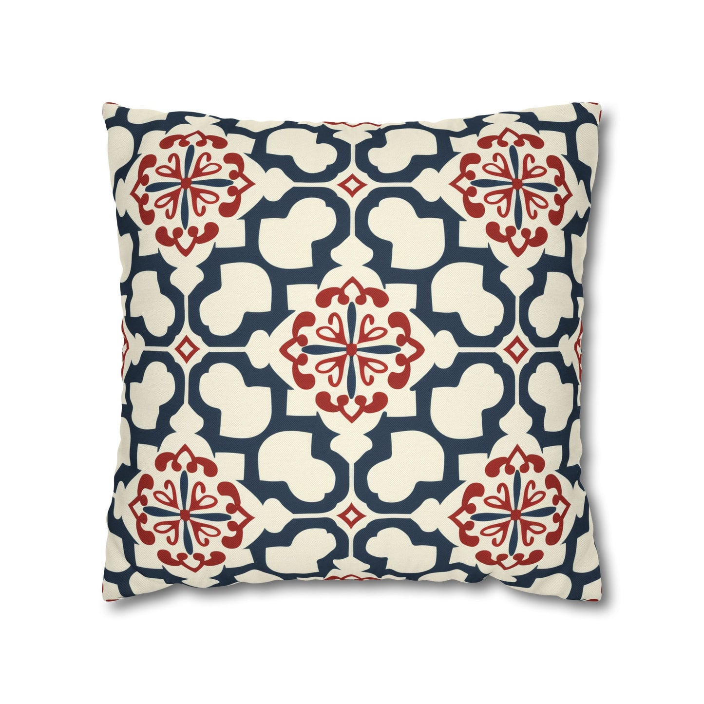 Traditional Korean Elegance in Bold Red and Navy Geometric Tile Pattern Spun Polyester Square Pillowcase 4 Sizes