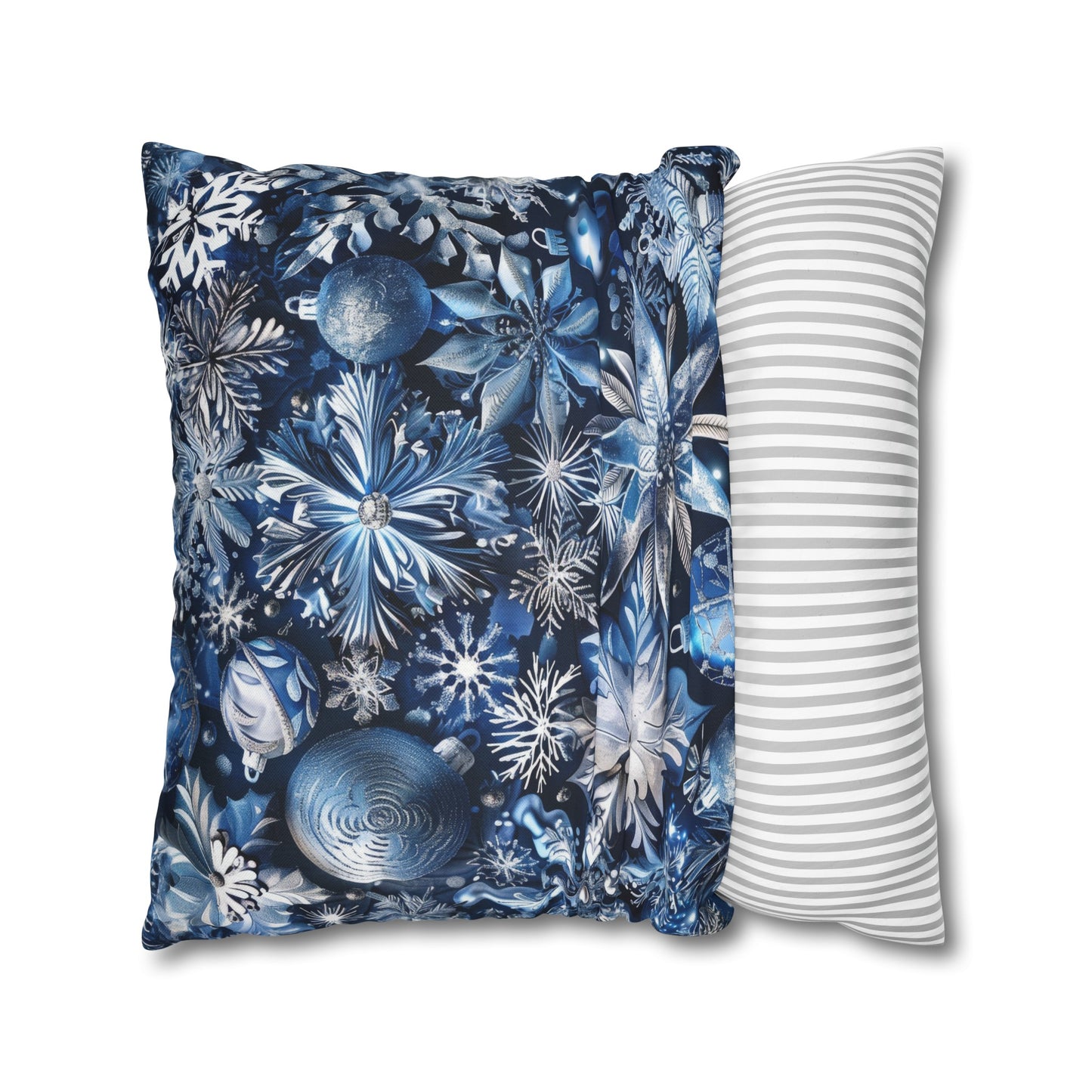 Winter Wonderland Festive Blue and Silver Snowflakes and Ornaments Spun Polyester Square Pillowcase 4 Sizes