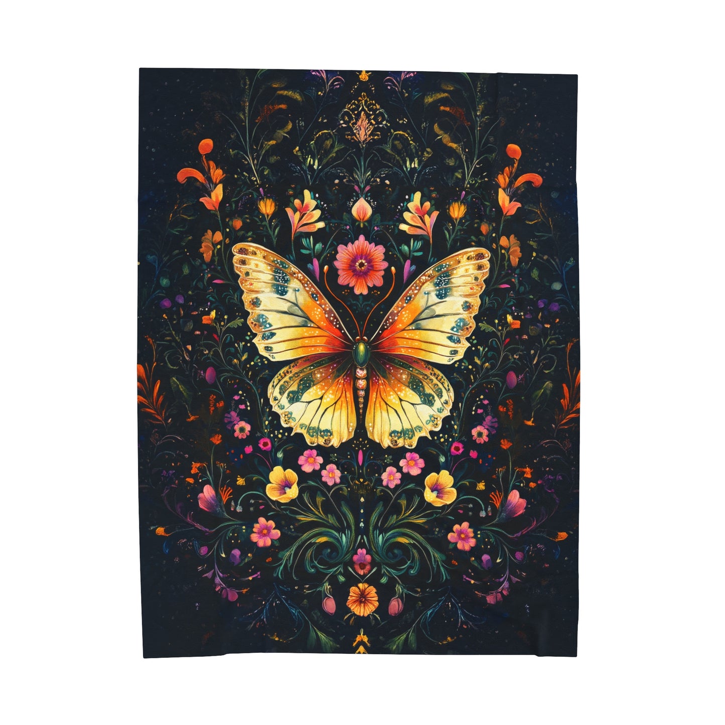 Enchanted Garden of Majestic Butterfly Amidst Midnight Blossoms Velveteen Plush Blanket 3 Sizes