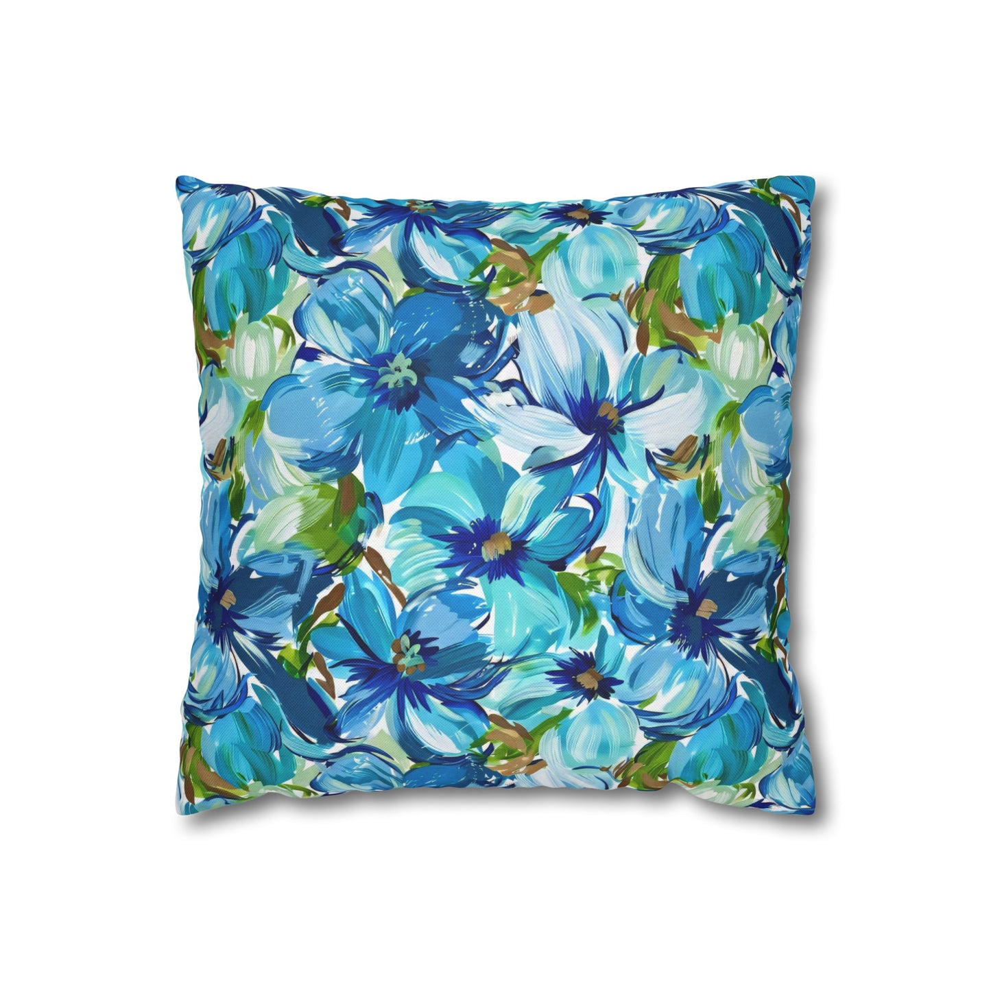 Large Blue Watercolor Flowers with Gentle Accents of Brown and Green Spun Polyester Square Pillowcase 4 Sizes