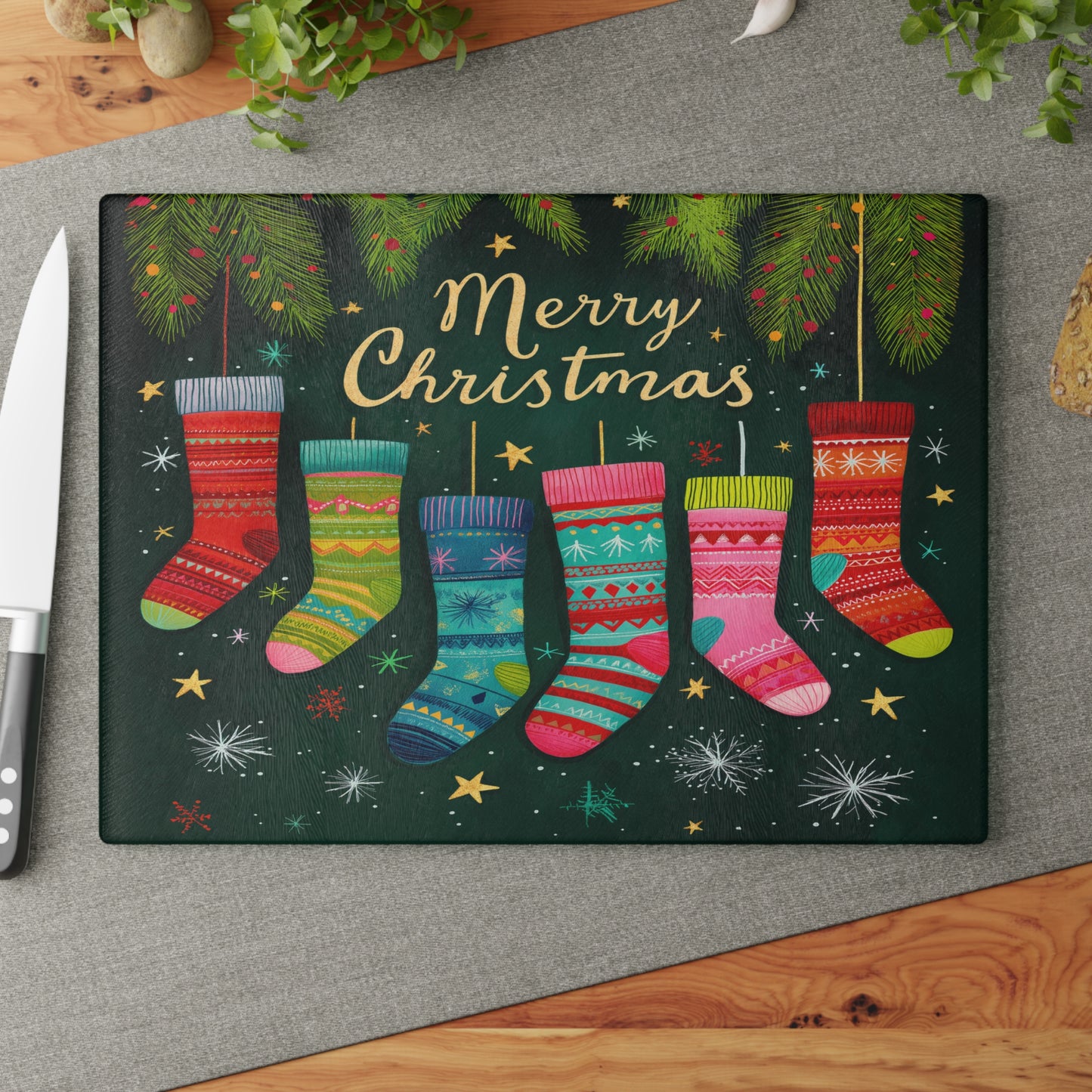 Merry Christmas Stockings Glass Cutting Board, Charcuterie Serving Tray 2 Sizes