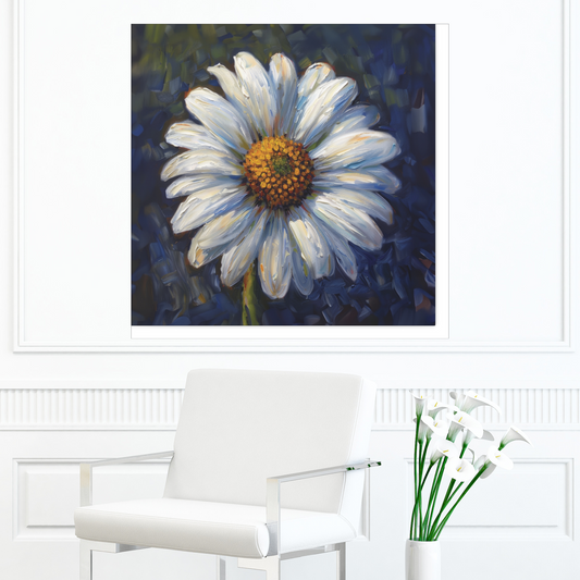 White Daisy Blue and Green Background Oil Heavy Brush Stroke Print on Canvas Gallery - 5 Sizes