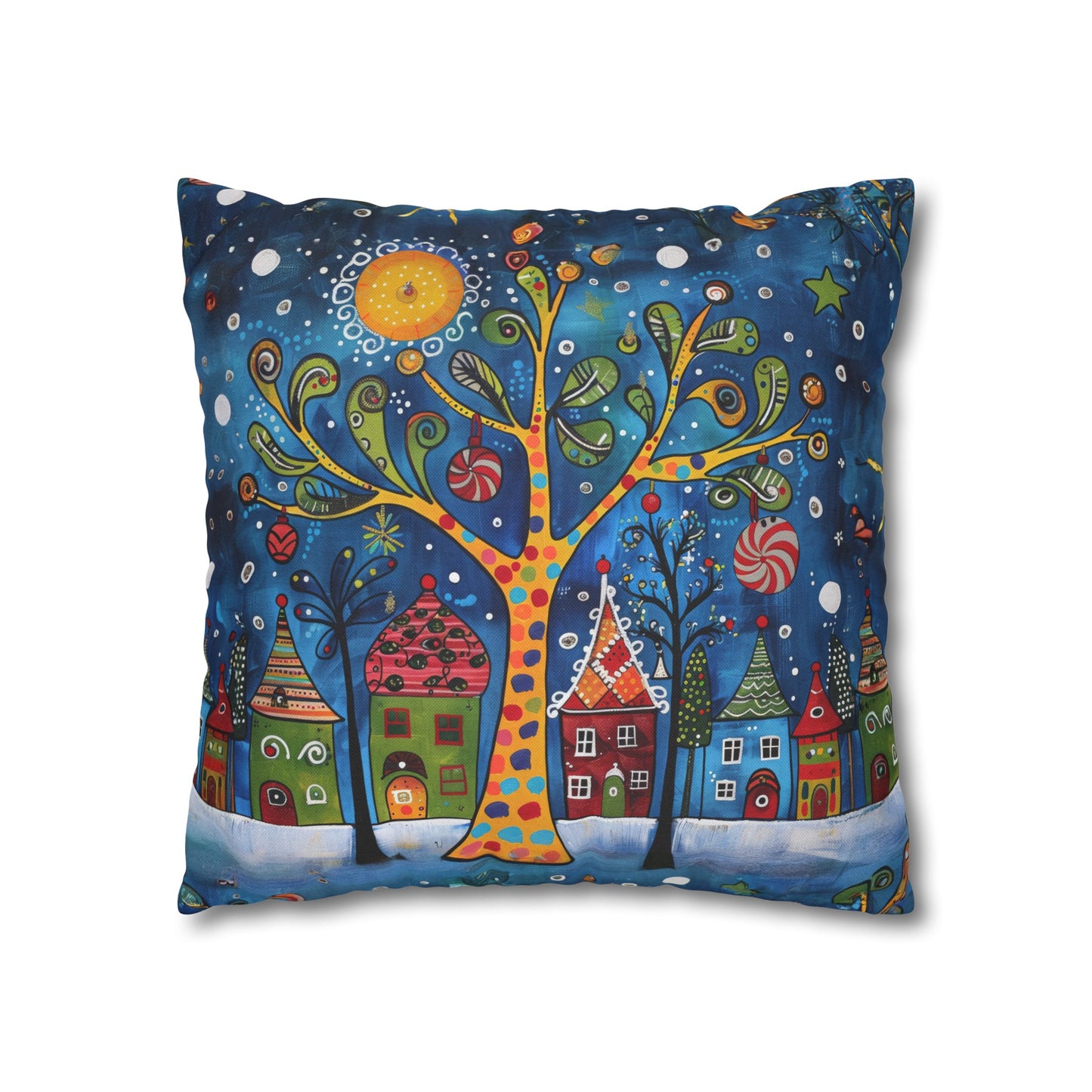 Winter Village Abstract Folk Art Christmas Scene Spun Polyester Square Pillowcase 4 Sizes