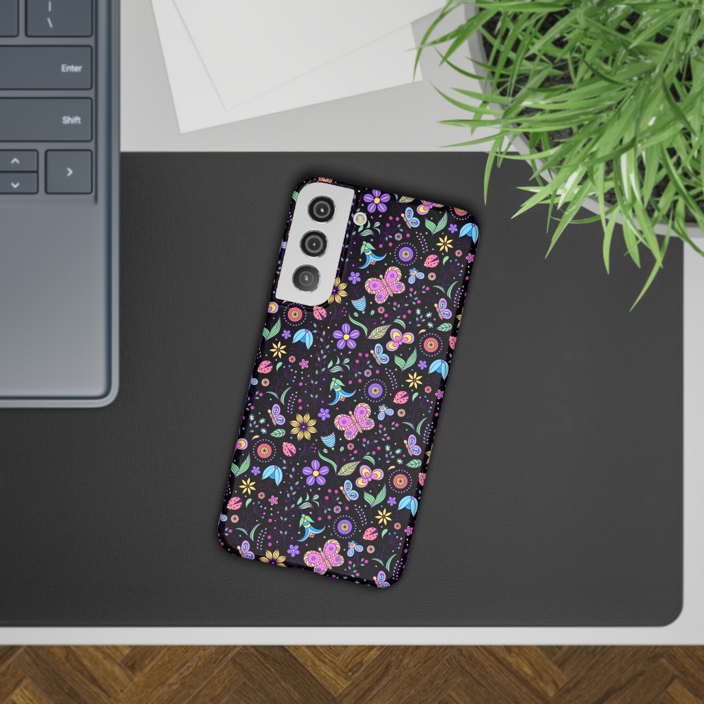 Butterflies and Flowers on Black Background Samsung Slim Cases