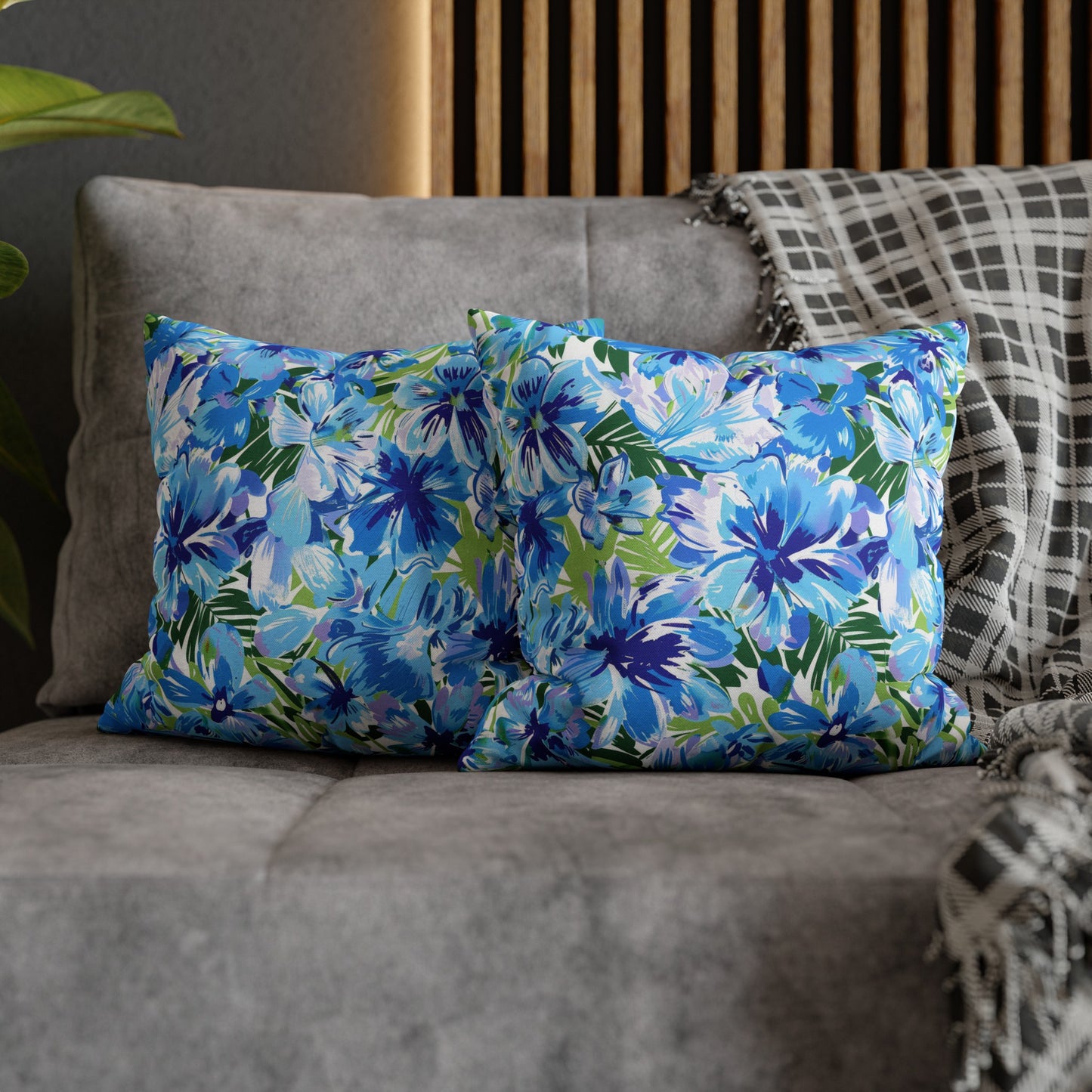 Azure Bloom Oasis: Bright Blue Large Flowers with Lush Green Palm Leaves Spun Polyester Square Pillowcase 4 Sizes