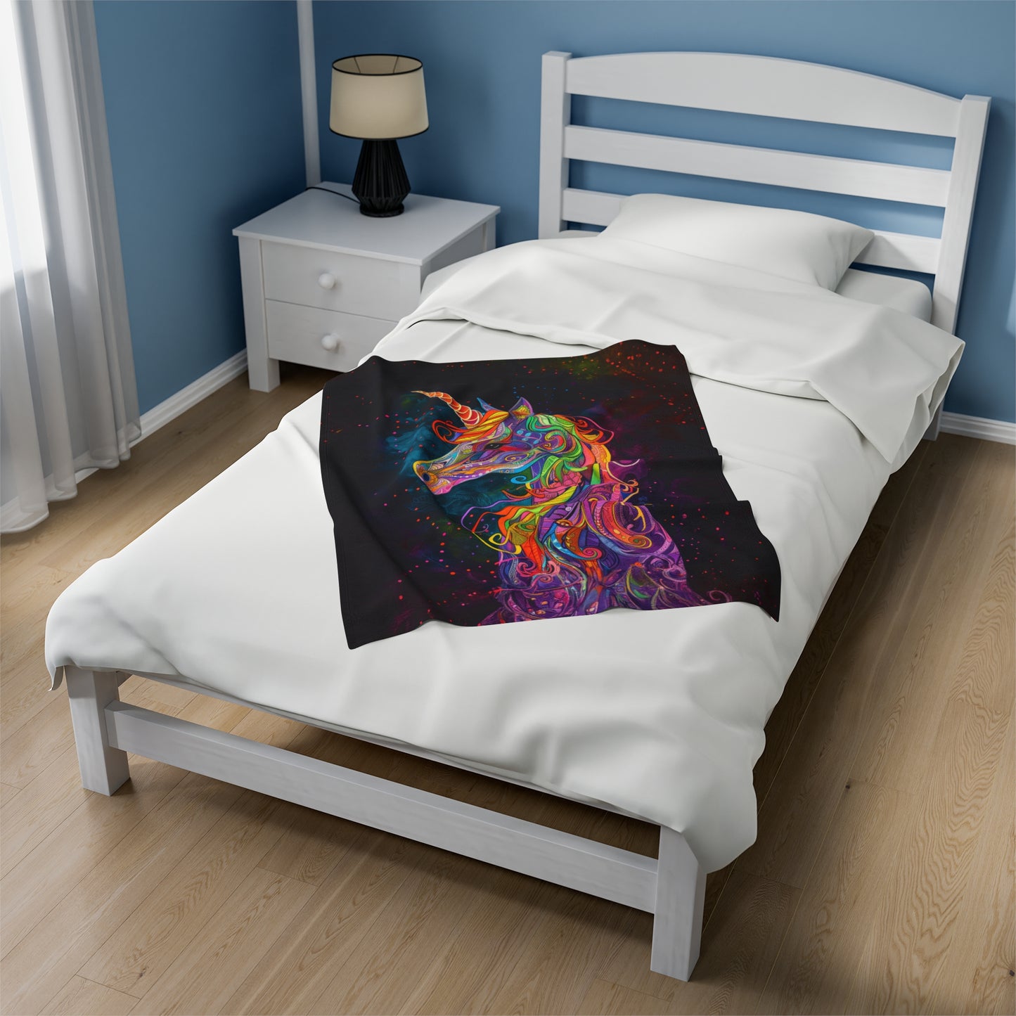 Psychedelic Neon Fantasy Rainbow Dream Unicorn Velveteen Plush Blanket 3 Sizes