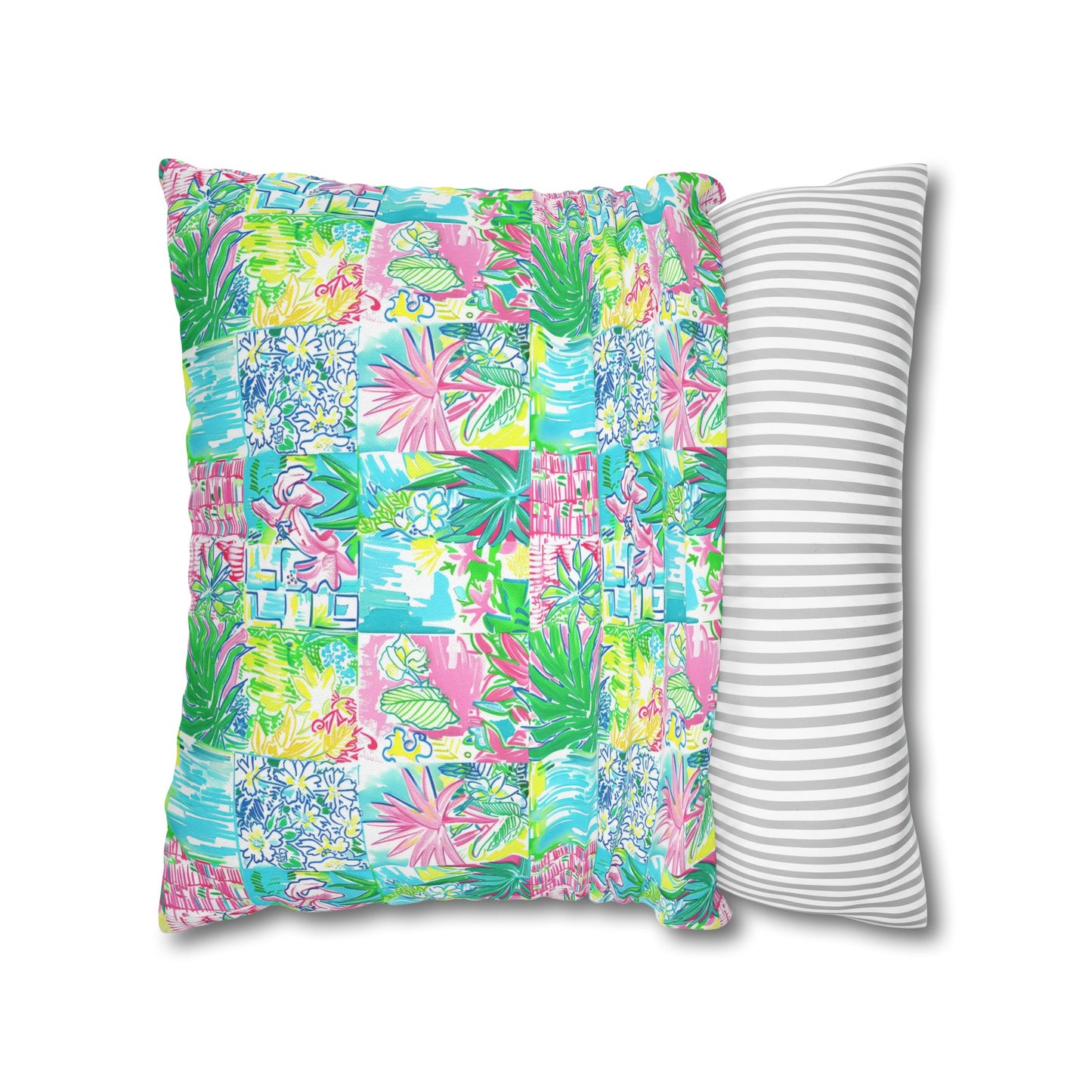 Whimsical Palm Trees and Flowers in Vibrant Pink, Teal, and Green Collage Spun Polyester Square Pillowcase 4 Sizes