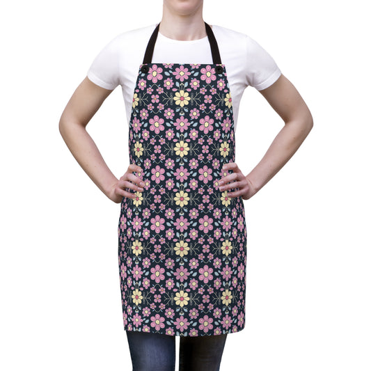 Charming Pastel Pink and Yellow Flowers on Navy Blue Background Kitchen Chef Apron