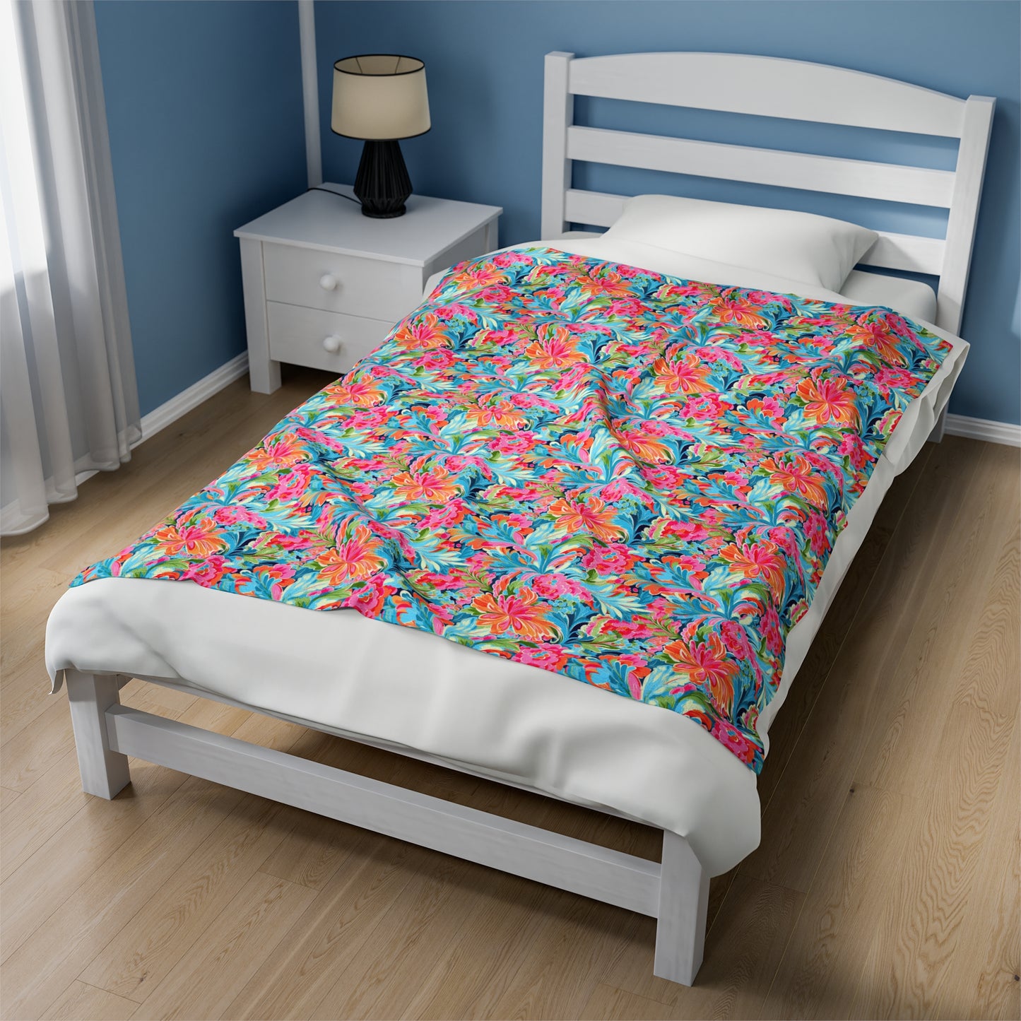 Tropical Radiance: Bursting Summer Blooms in Teal, Orange, and Pink Velveteen Plush Blanket 3 Sizes