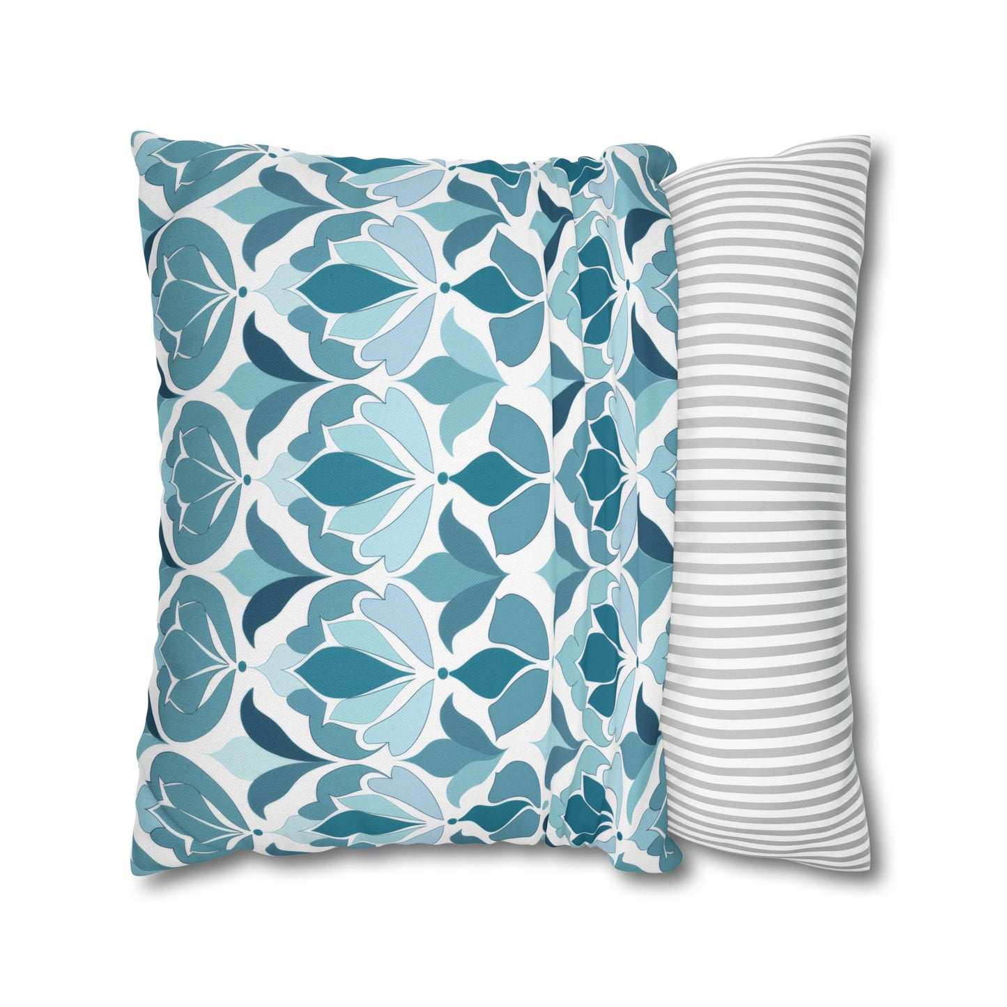 Serene Floral Pattern in Shades of Aqua and Teal, Forming Graceful Botanical Motifs Spun Polyester Square Pillowcase 4 Sizes