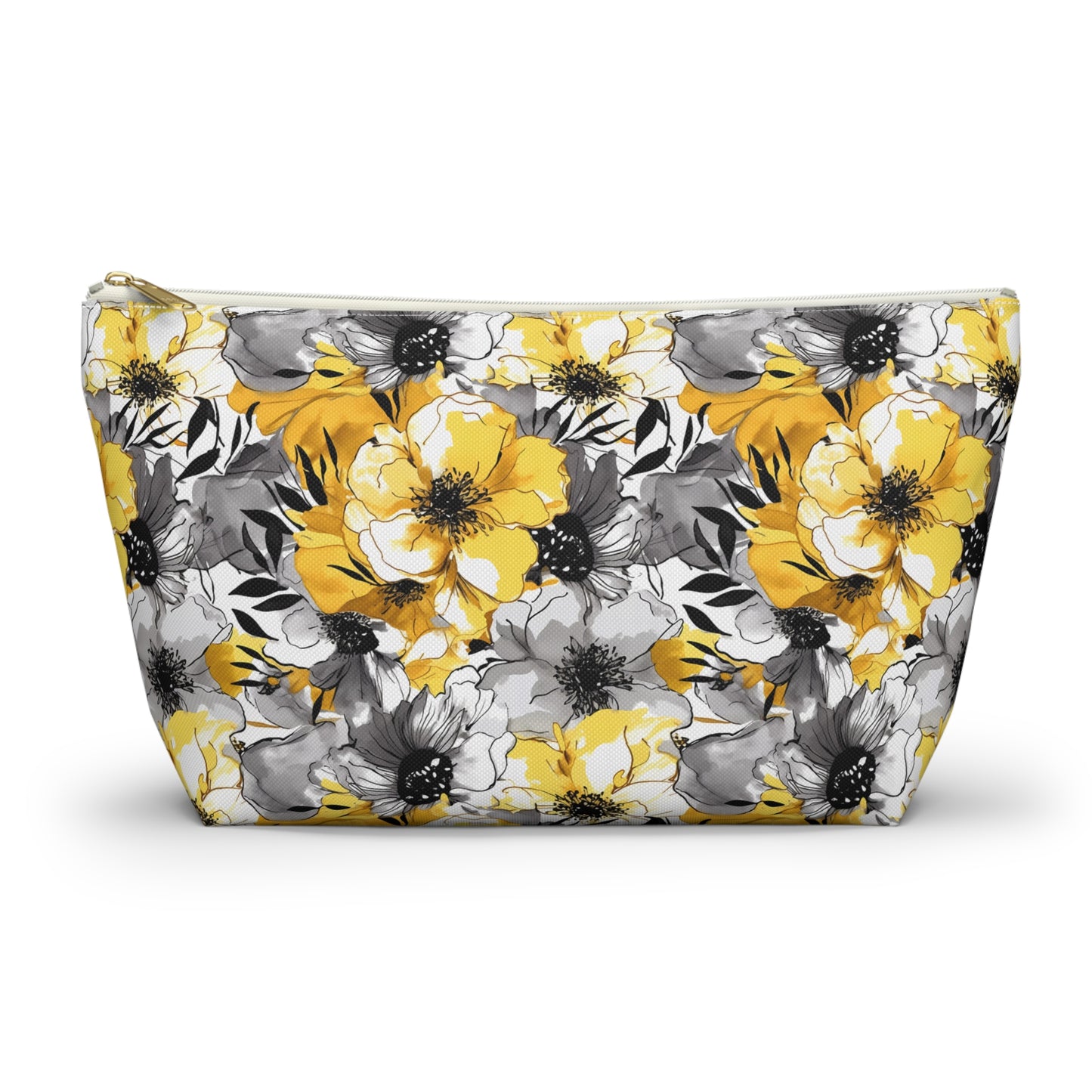 Soothing Radiance: Large Yellow and Grey Watercolor Flower Design - Makeup & Accessory Bag 2 Sizes