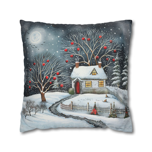 Moonlit Cottage in the Snow Adorned with Christmas Decorations Spun Polyester Square Pillowcase 4 Sizes