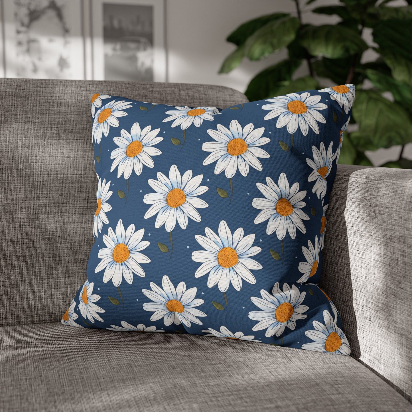 Elegant White Daisies on Navy Blue Background Spun Polyester Square Pillowcase 4 Sizes