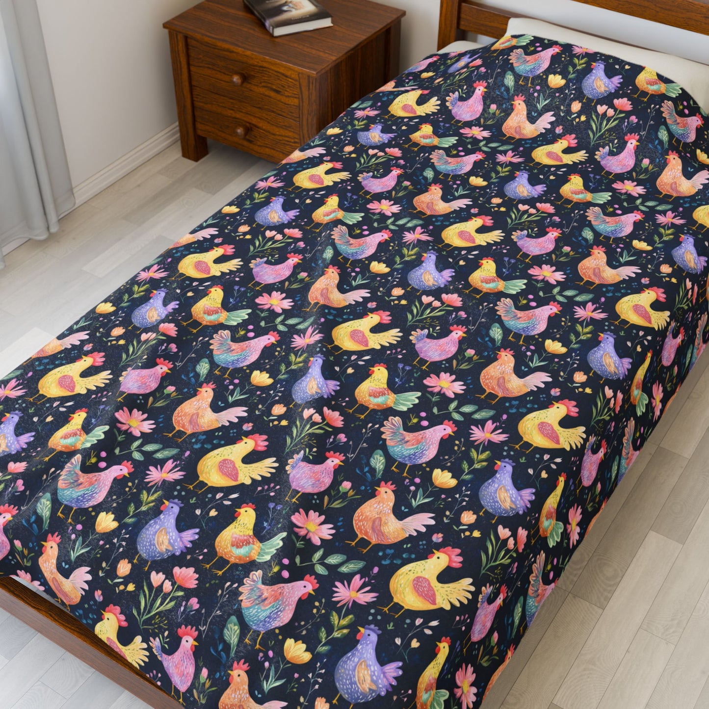 Cute Chicken Farm Flock Springtime Flowers Crazy Chickens Velveteen Plush Blanket 3 Sizes