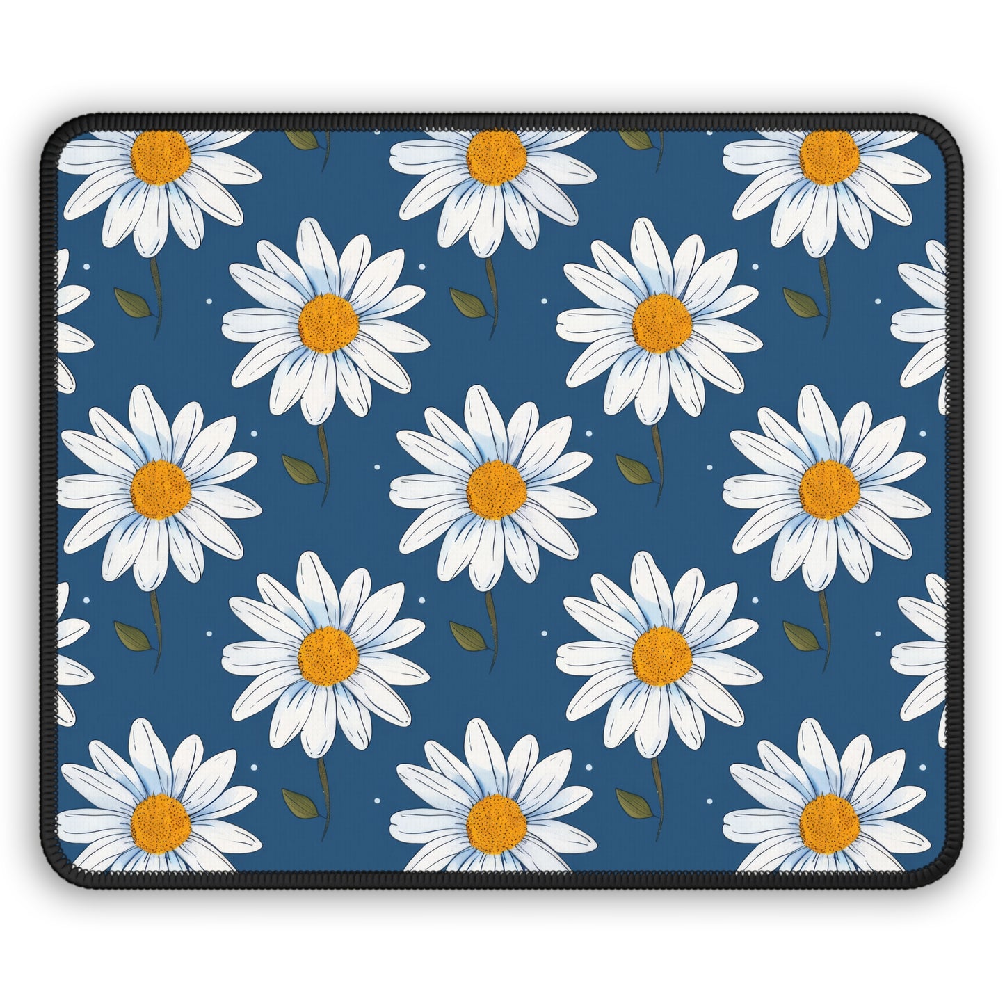 Elegant White Daisies on Navy Blue Background Gaming Mouse Pad with Finished Edges