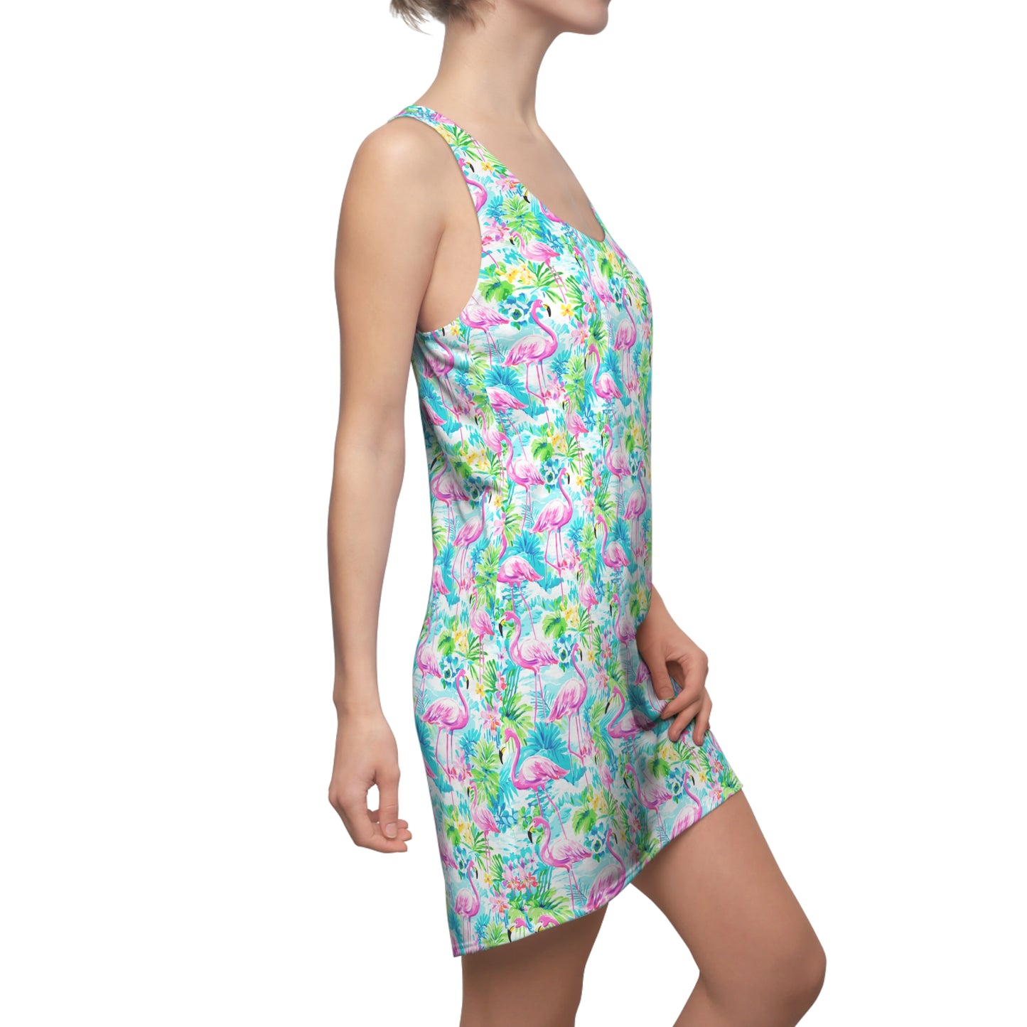 Tropical Flamingo Haven: Surrounded by Flowers and Palm Trees Women's Racerback Dress XS - 2XL