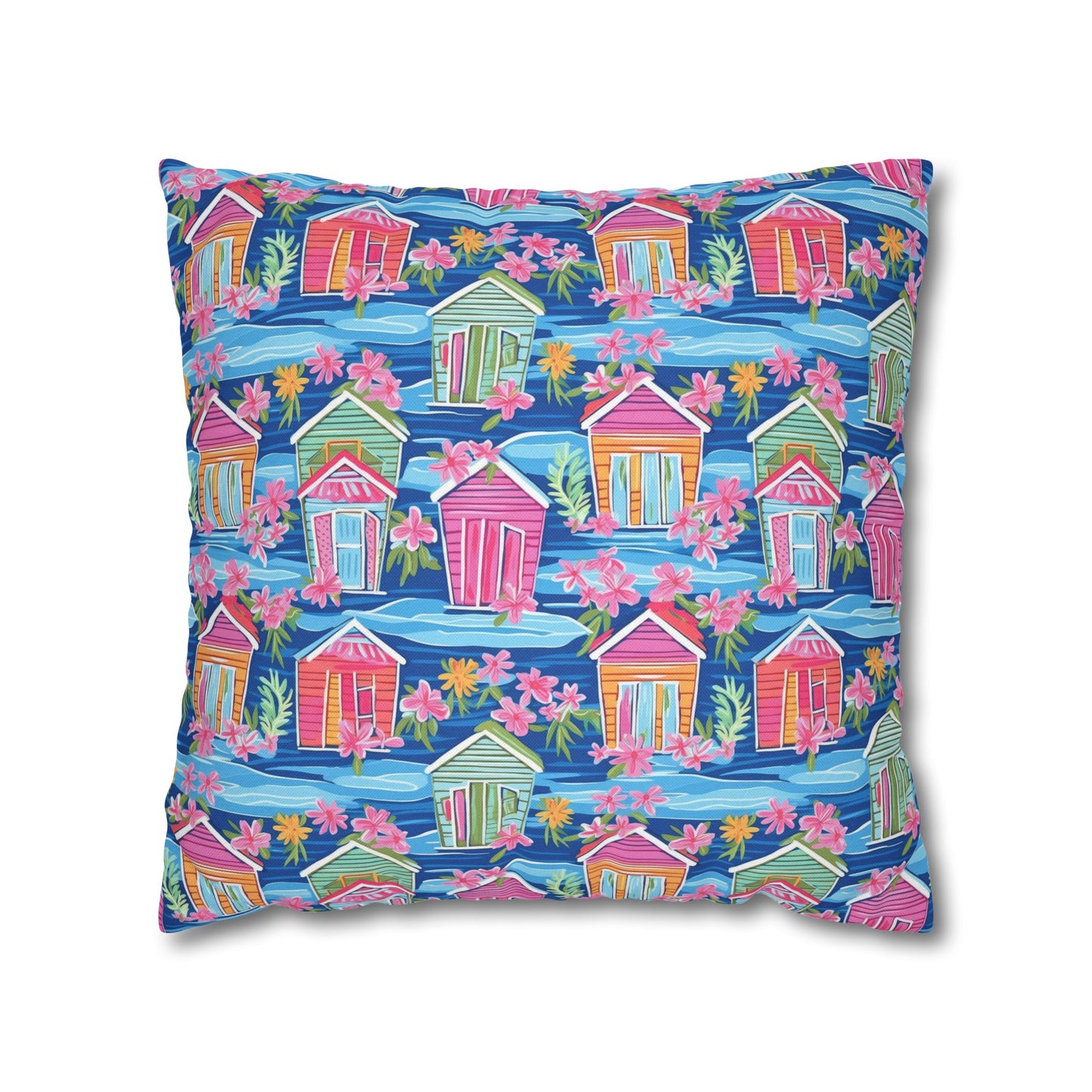 Seaside Serenade: Watercolor Beach Houses Amidst Blooming Florals Spun Polyester Square Pillowcase 4 Sizes