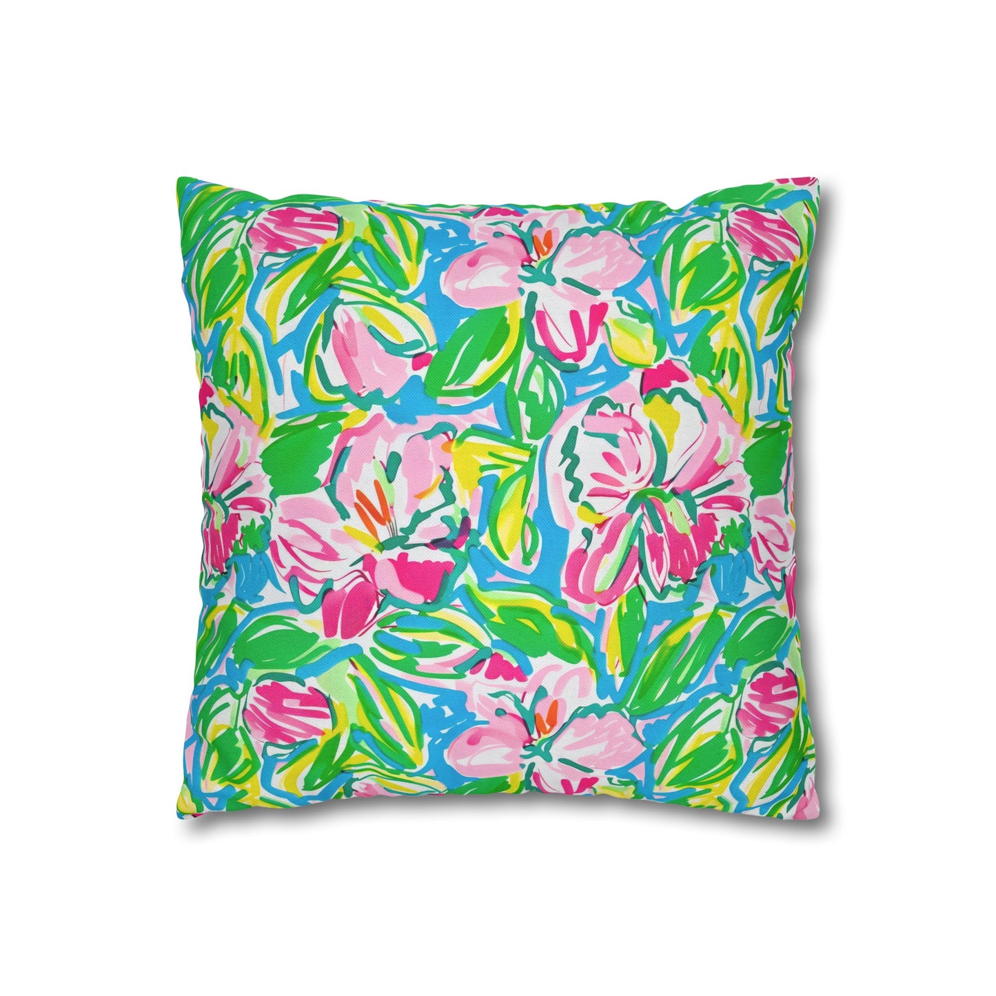 Whispering Meadows: Pink Blossoms, Lush Green Leaves, and Accents of Yellow and Blue Spun Polyester Square Pillowcase 4 Sizes