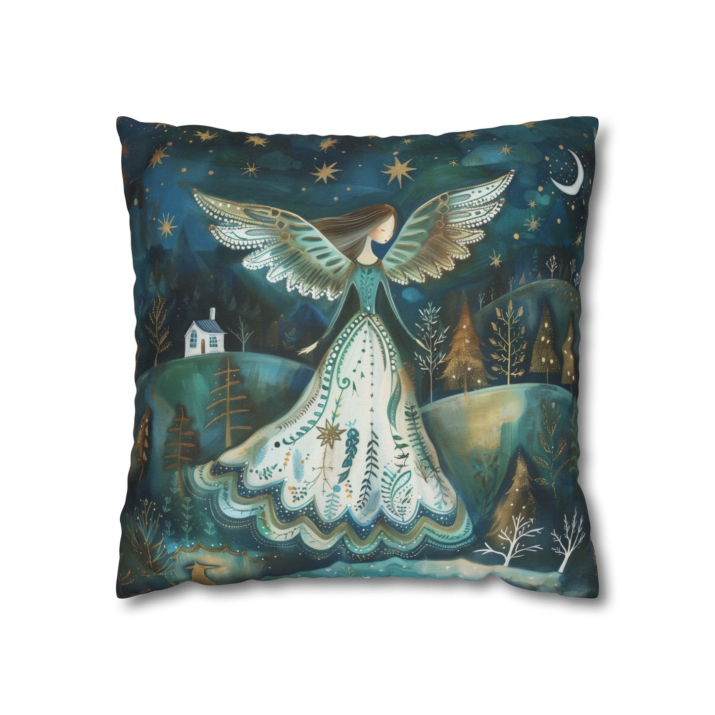 Starry Serenade: Angel in Flowing Dress Amidst a Starry Night Spun Polyester Square Pillowcase 4 Sizes