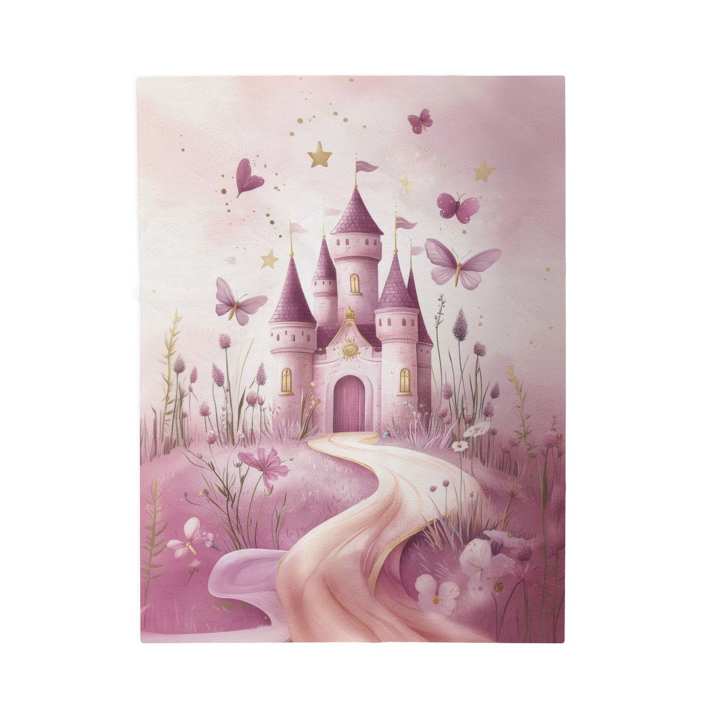 Magical Princess Pink Castle Flowers and Butterflies Velveteen Plush Blanket 3 Sizes