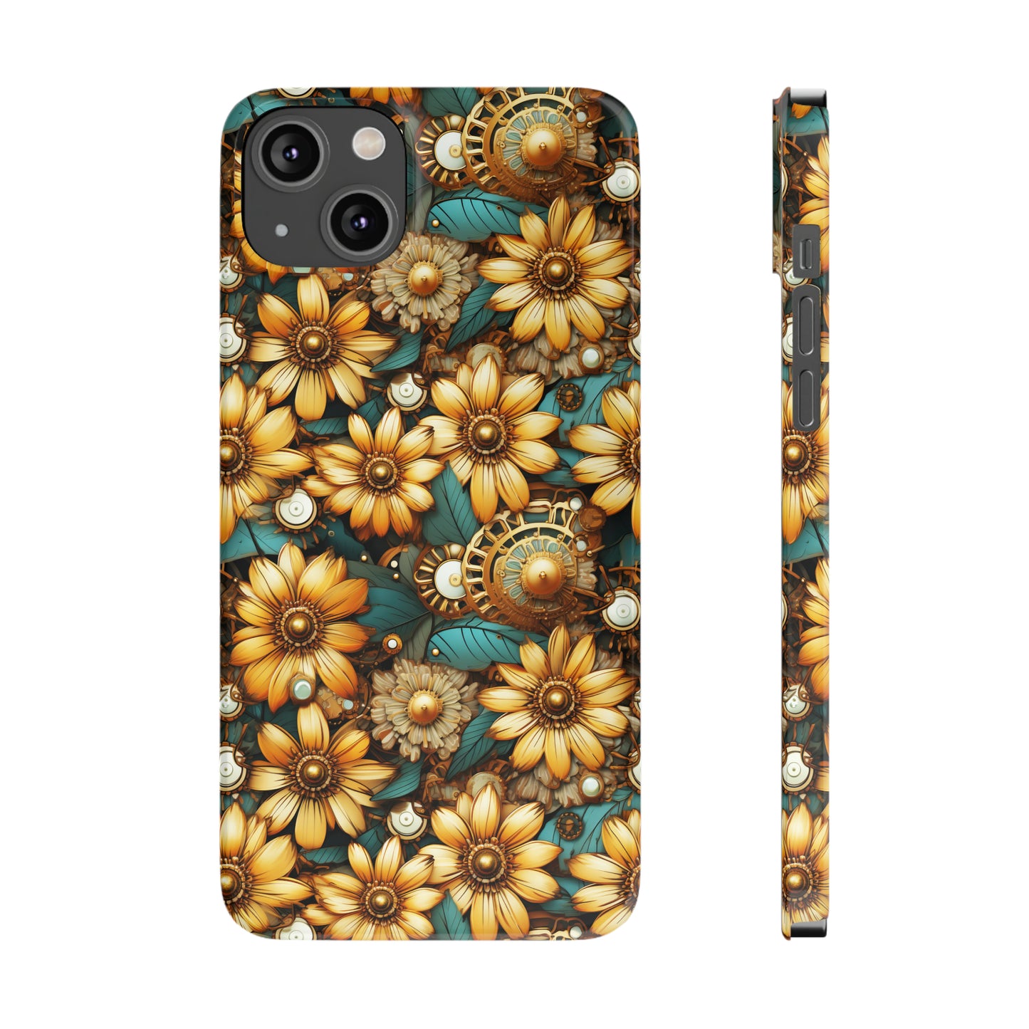 Victorian Steampunk Gold Flowers Teal Background with Gears and Mechanical Elements Iphone 15-12 Slim Phone Case