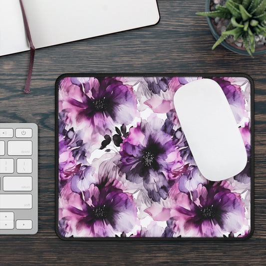 Regal Splendor: Large Purple and Grey Watercolor Flower Design Gaming Mouse Pad with Finished Edges