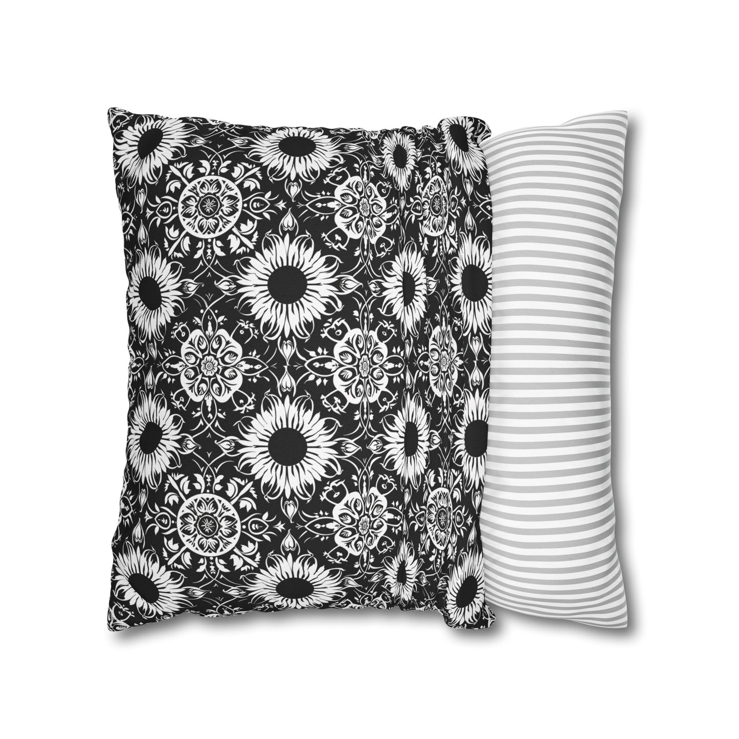 Elegant Mandala Design with Black and White Sunflowers Spun Polyester Square Pillowcase 4 Sizes