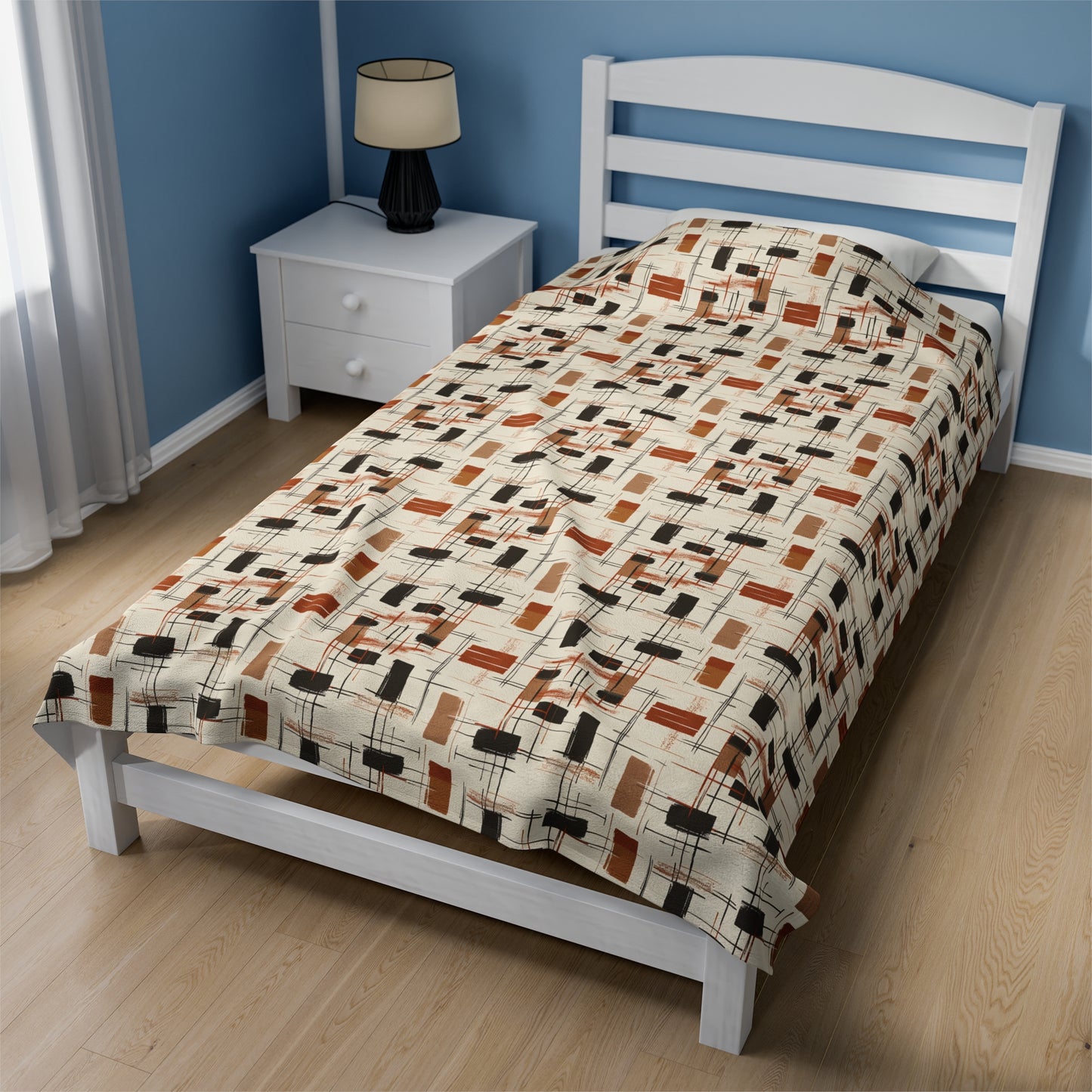 Modern Artistry in Bold and Minimalistic Pattern in a Palette of Black, Dark Orange, and Beige Velveteen Plush Blanket 3 Sizes