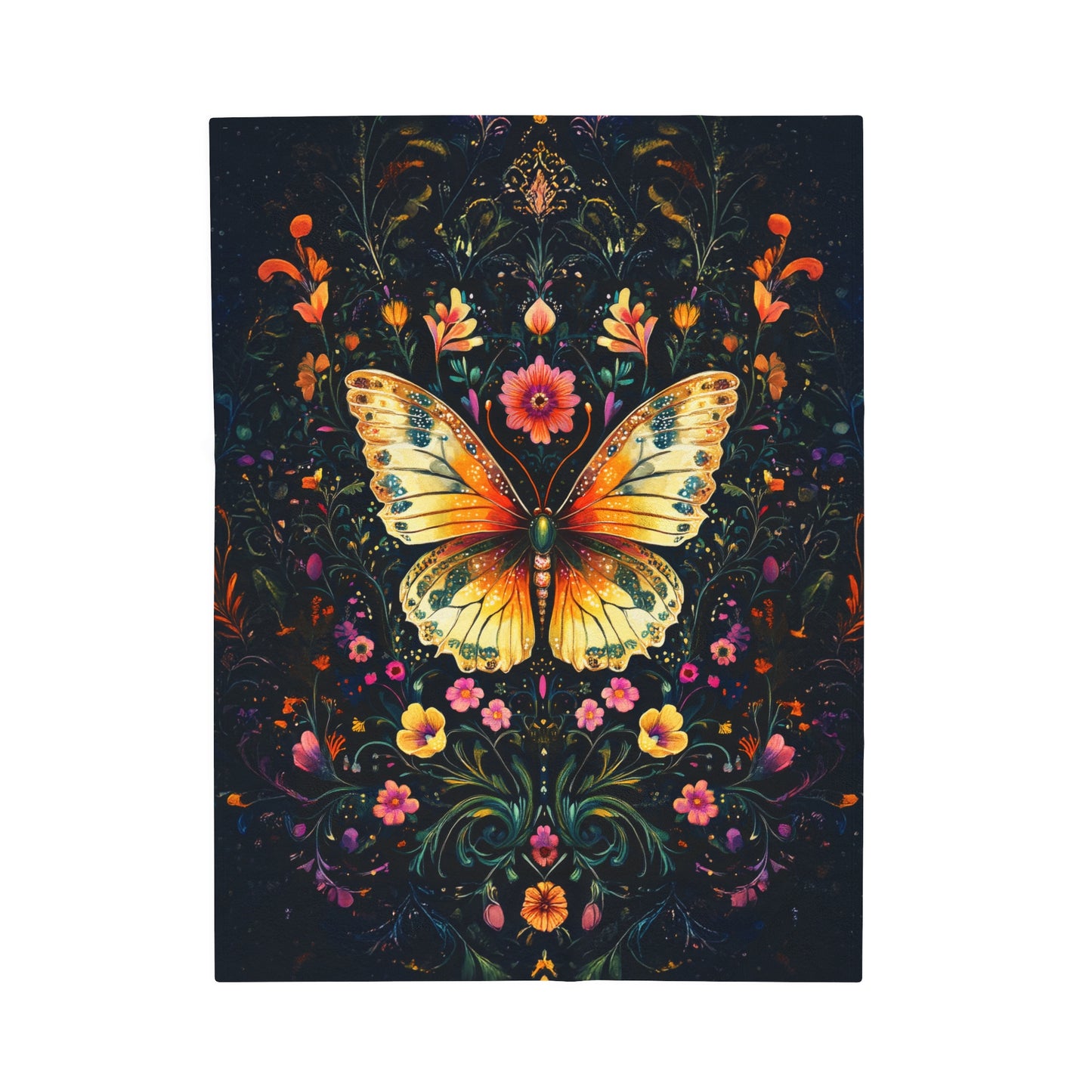 Enchanted Garden of Majestic Butterfly Amidst Midnight Blossoms Velveteen Plush Blanket 3 Sizes