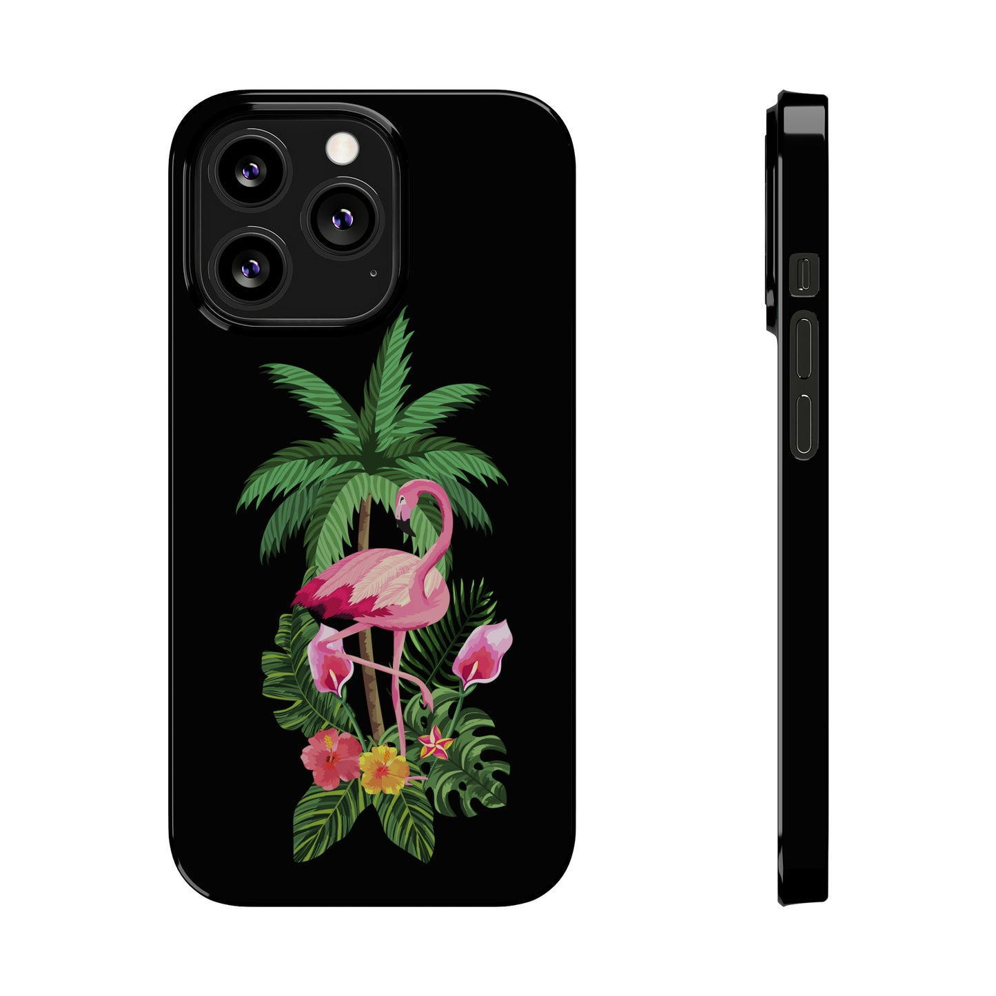 Tropical Pink Flamingo and Flowers Black Background Iphone 15-12 Slim Phone Case