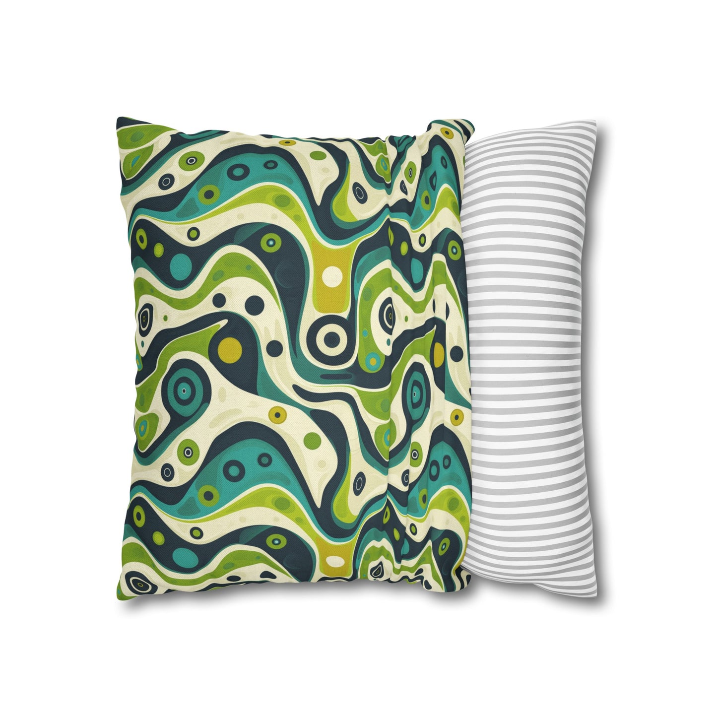 Groovy Retro Greens and Blues Abstract Waves Spun Polyester Square Pillowcase 4 Sizes