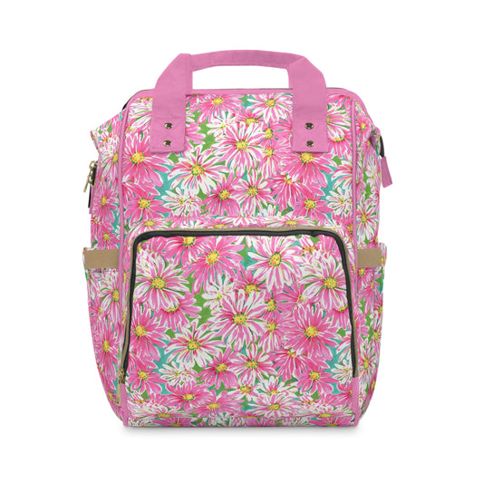 Springs Whisper: Watercolor Pink Daisies Dancing on a Lush Green Stage Multifunctional Diaper Backpack