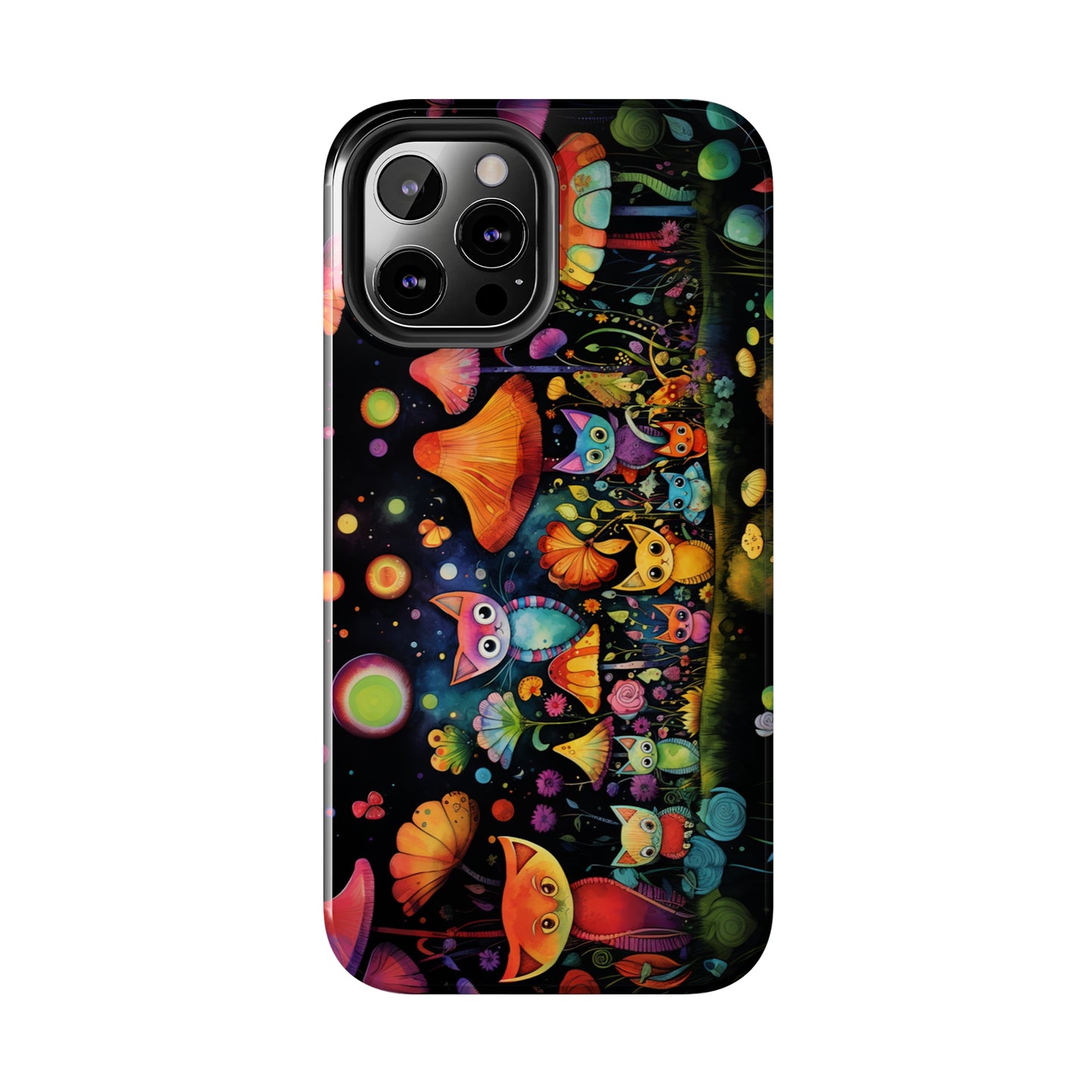 Mystical Cats Amidst a Garden of Flowers and Mushrooms, Beneath a Starry Sky Iphone Tough Phone Case