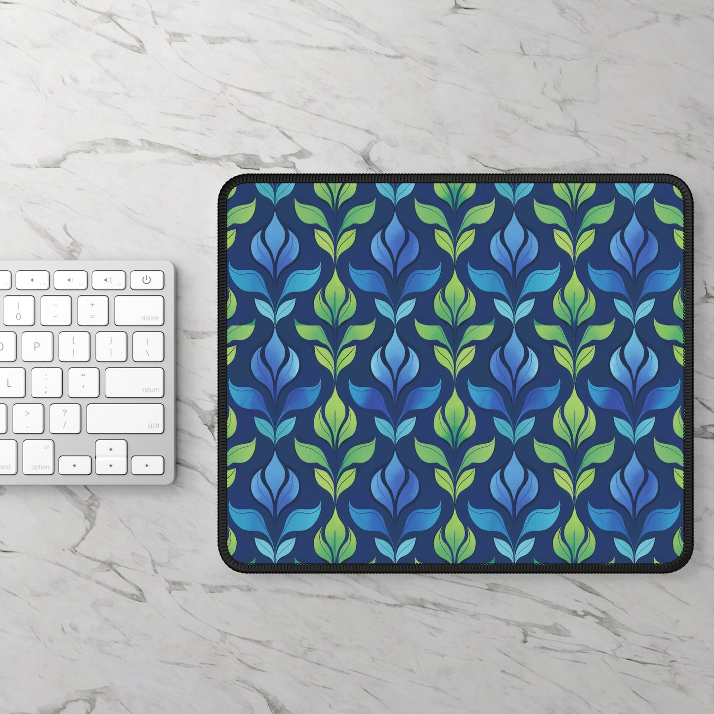 Vintage Blue and Green Botanical  Gaming Mouse Pad with Finished Edges