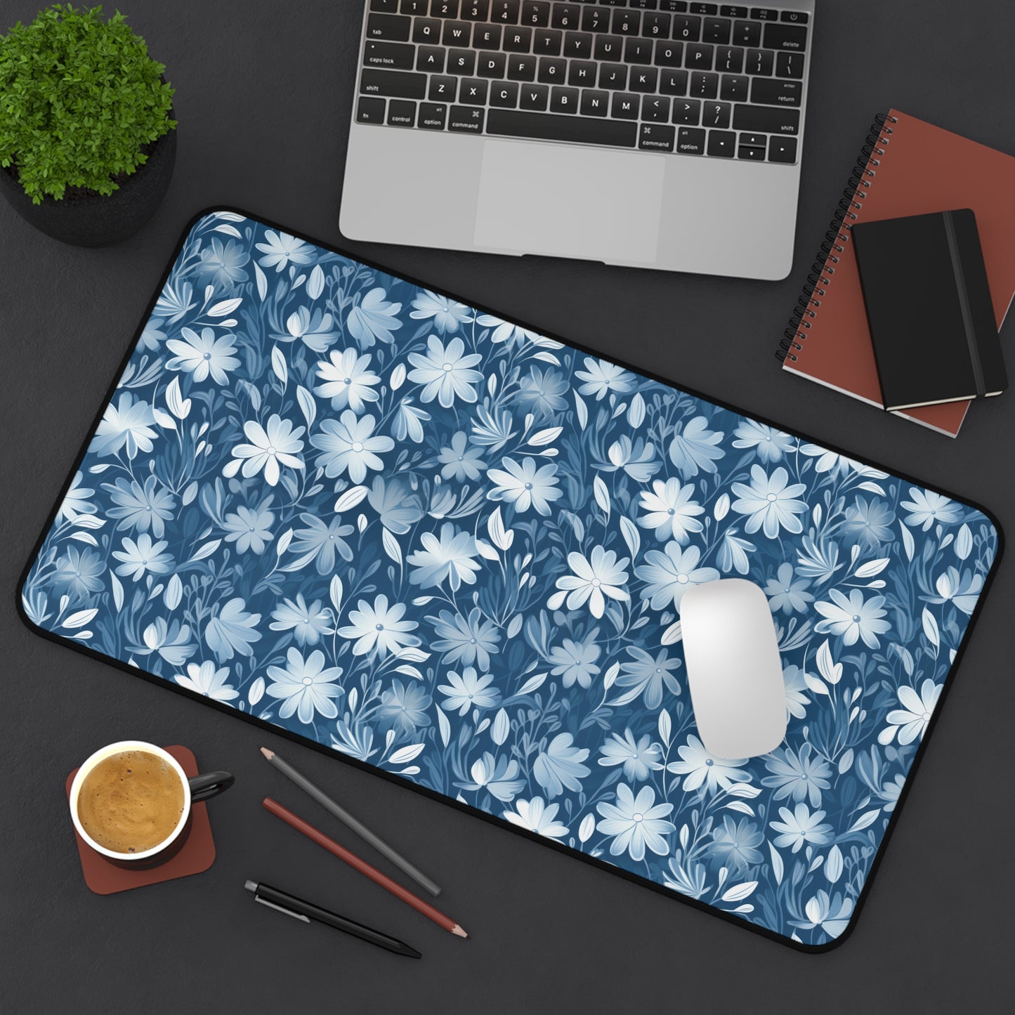 Gentle Elegance: Soft Muted Blue Flower Design - Desk Mat Extended Gaming Mouse Pad 3 Sizes