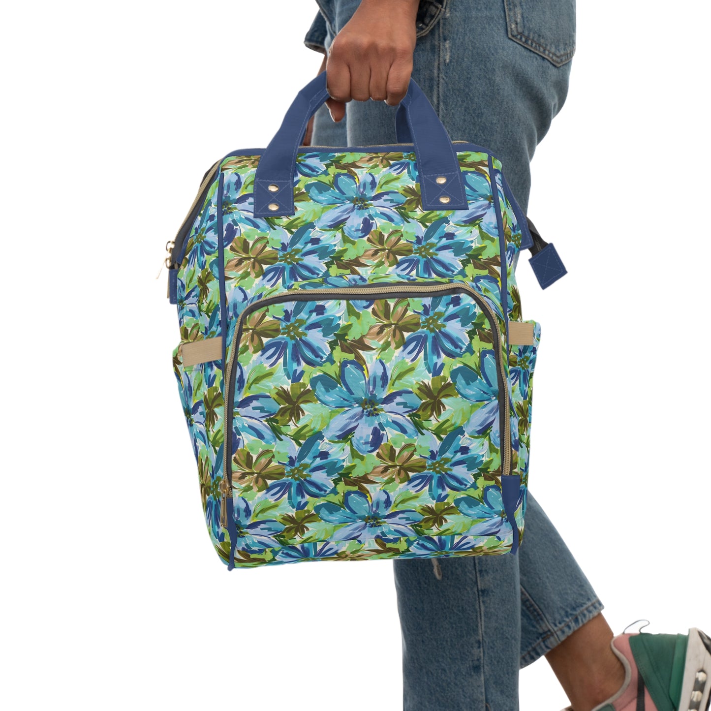 Tranquil Earth Tones: Watercolor Flowers in Blue, Brown, and Green Hues Multifunctional Diaper Backpack