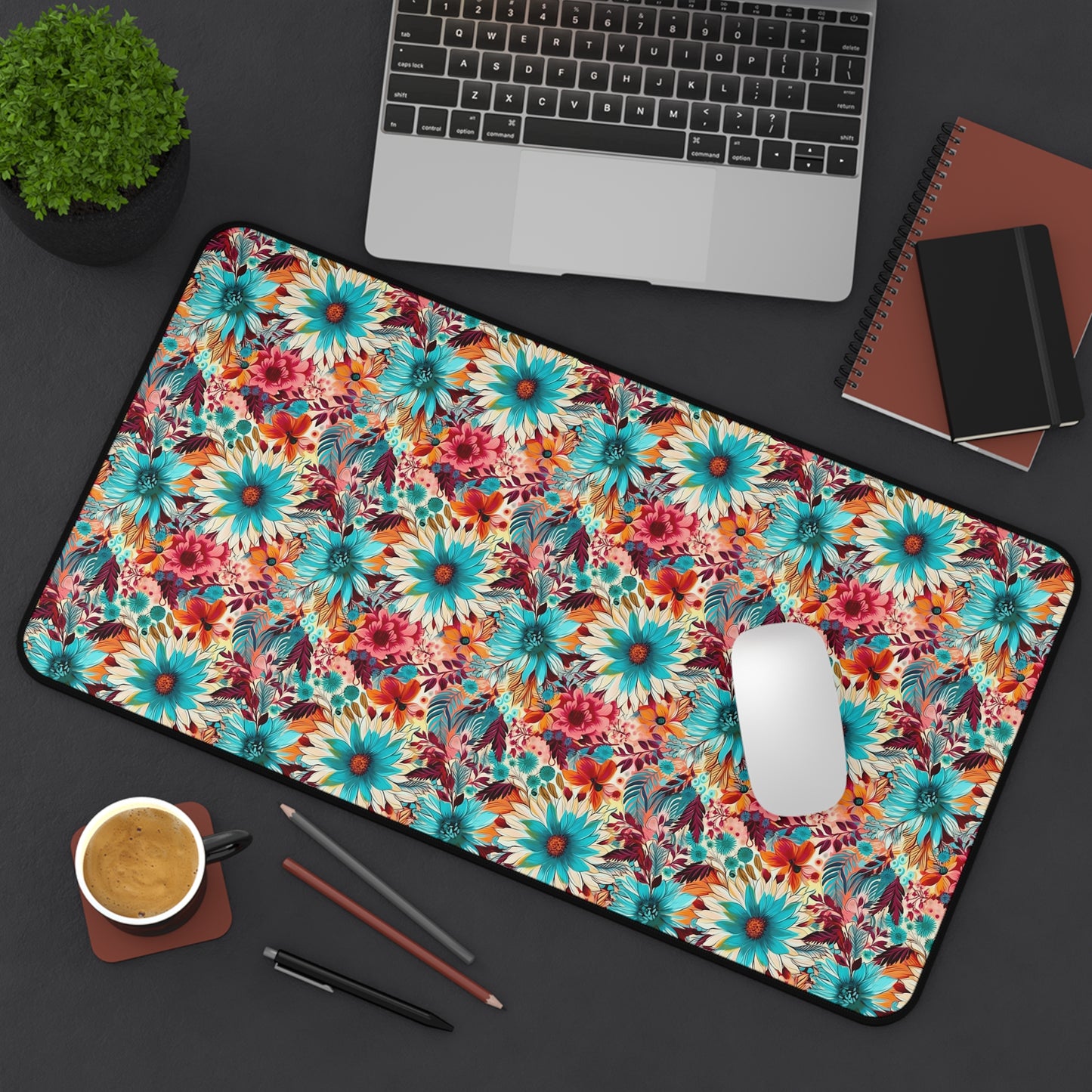 Floral Explosion of Pinks, Teals and Oranges on a Soft Cream Canvas Extended Gaming Mouse Pad Desk Mat - 3 Sizes