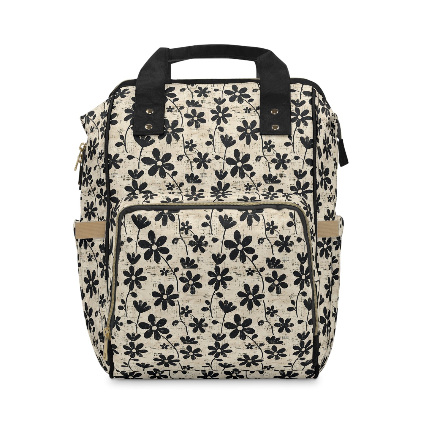 Distressed Black Floral on Beige Background Multifunctional Diaper Backpack