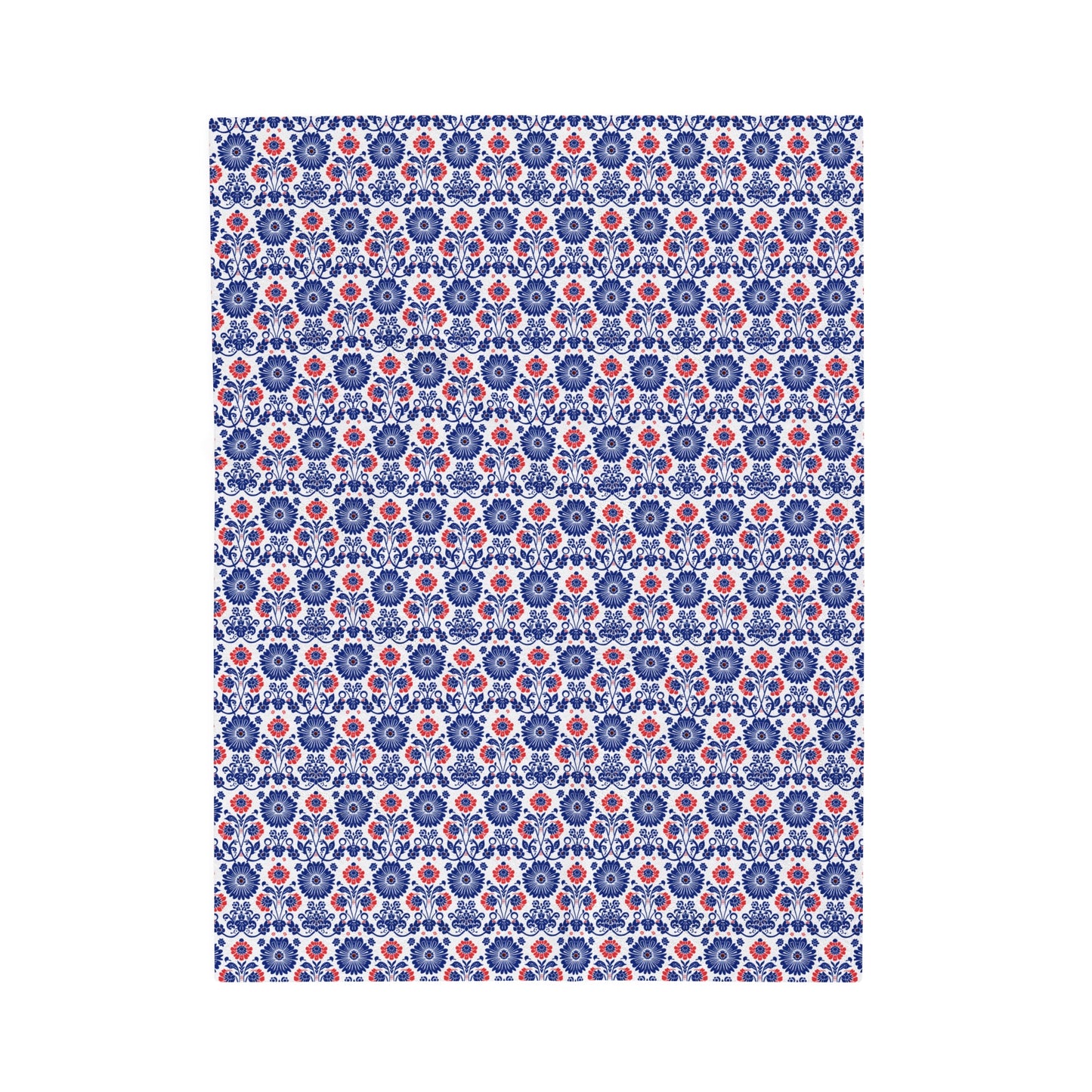 Charming Folk Blooms in Classic Polish Pottery Inspired Floral Pattern in Blue and Red Velveteen Plush Blanket 3 Sizes