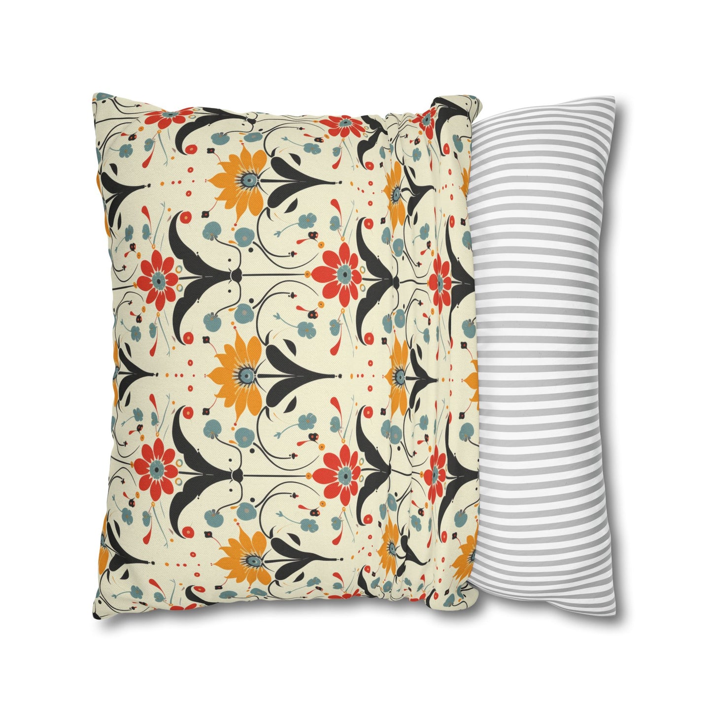 Whimsical Retro Garden in Muted Yellow, Red and Blues Spun Polyester Square Pillowcase 4 Sizes