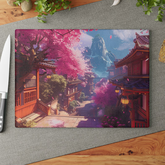 Serene Sakura Village with Tranquil Japanese Cherry Blossom Scene and Mountain View Glass Cutting Board 2 Sizes