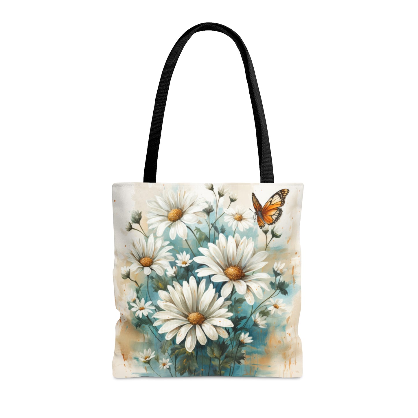 Rustic Farmhouse Teal and White Wild Daisies and Butterflies - Canvas Tote 3 Sizes