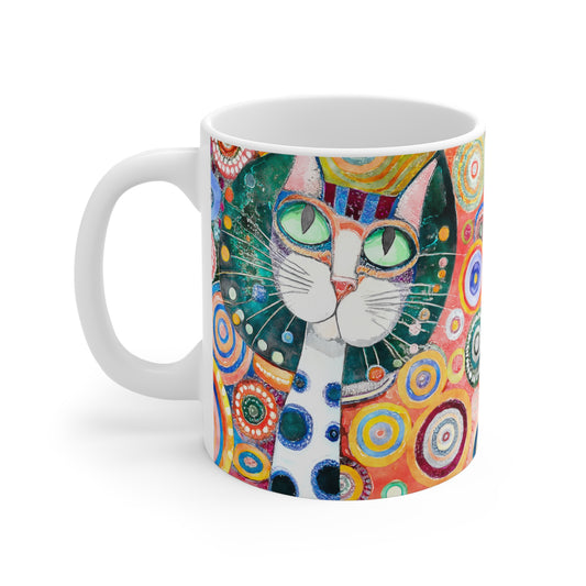 Whimsical Retro Flowers and Green Eyed Cat in Style of Klimt  - 11 oz Coffee