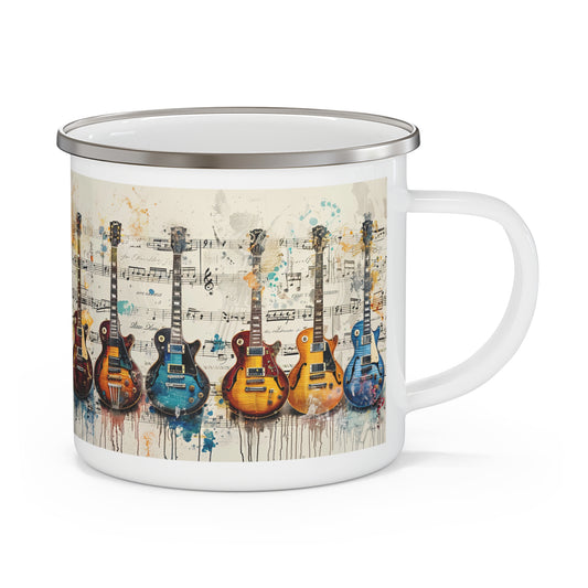 Harmonious Diversity: Array of Electric Guitars in Multicolors Resting on Sheet Music - 12oz Enamel Camping Mug