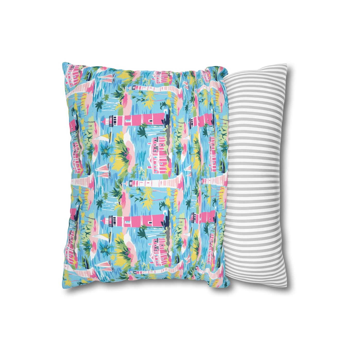 Coastal Charms: Sailboats and Lighthouses Adorning the Coastline Spun Polyester Square Pillowcase 4 Sizes