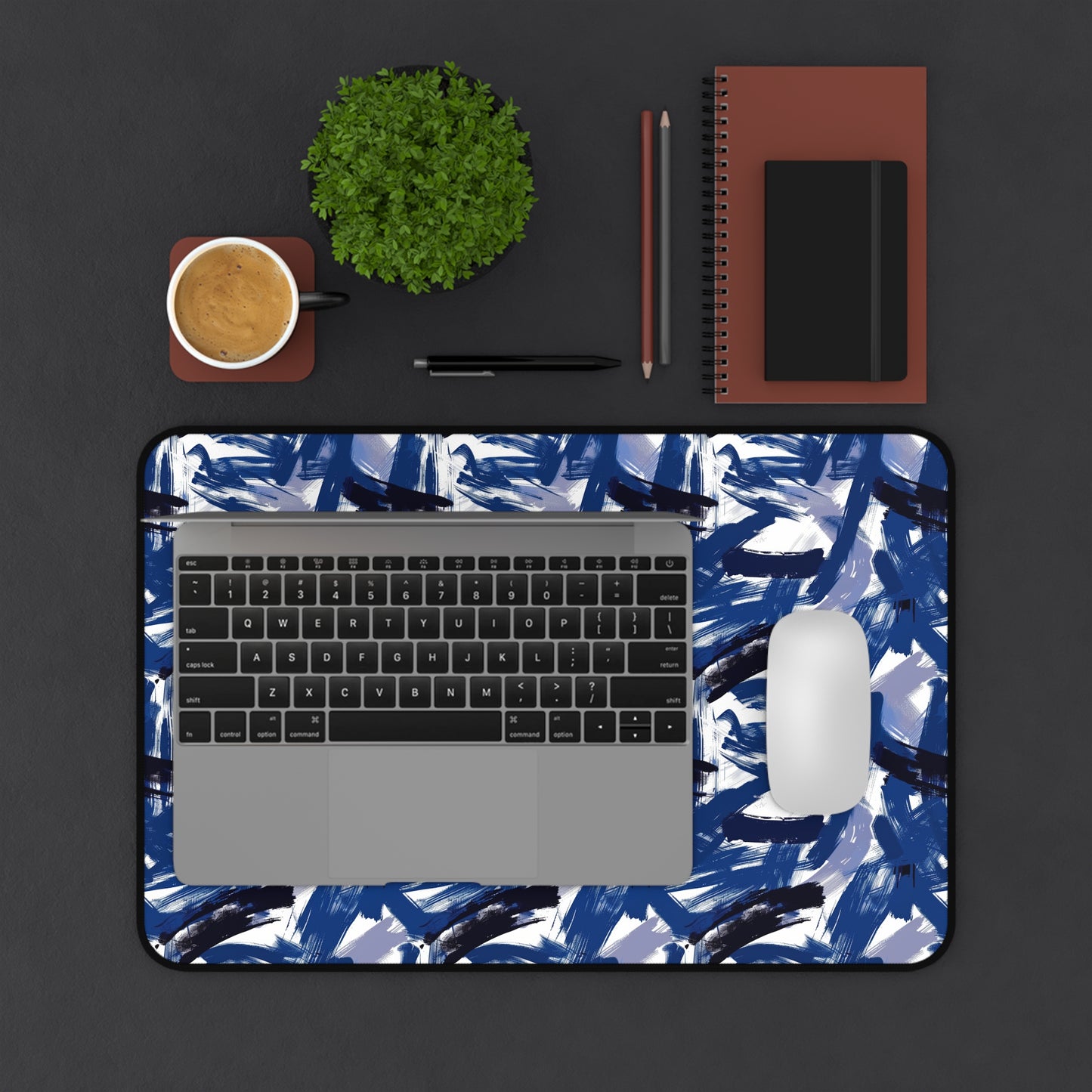 Midnight Frenzy Bold Abstract Brush Strokes in Shades of Deep Blue and White Gaming Mouse Pad  Desk Mat  - 3 Sizes