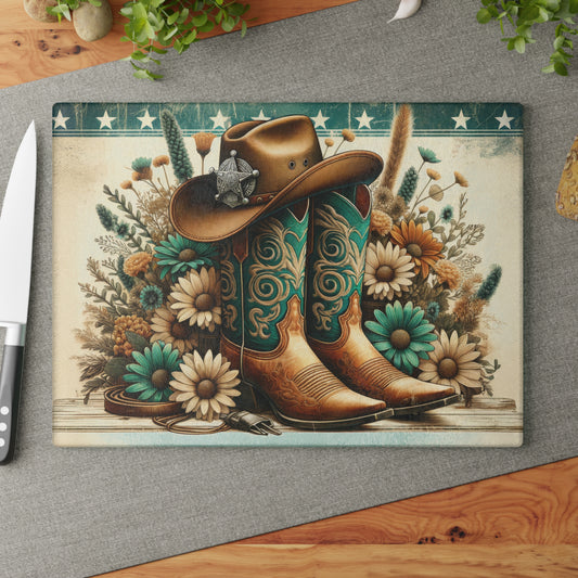 Western Cowgirl Boots & Cowboy Hat Cross Glass Cutting Board, Charcuterie Serving Tray 2 Sizes