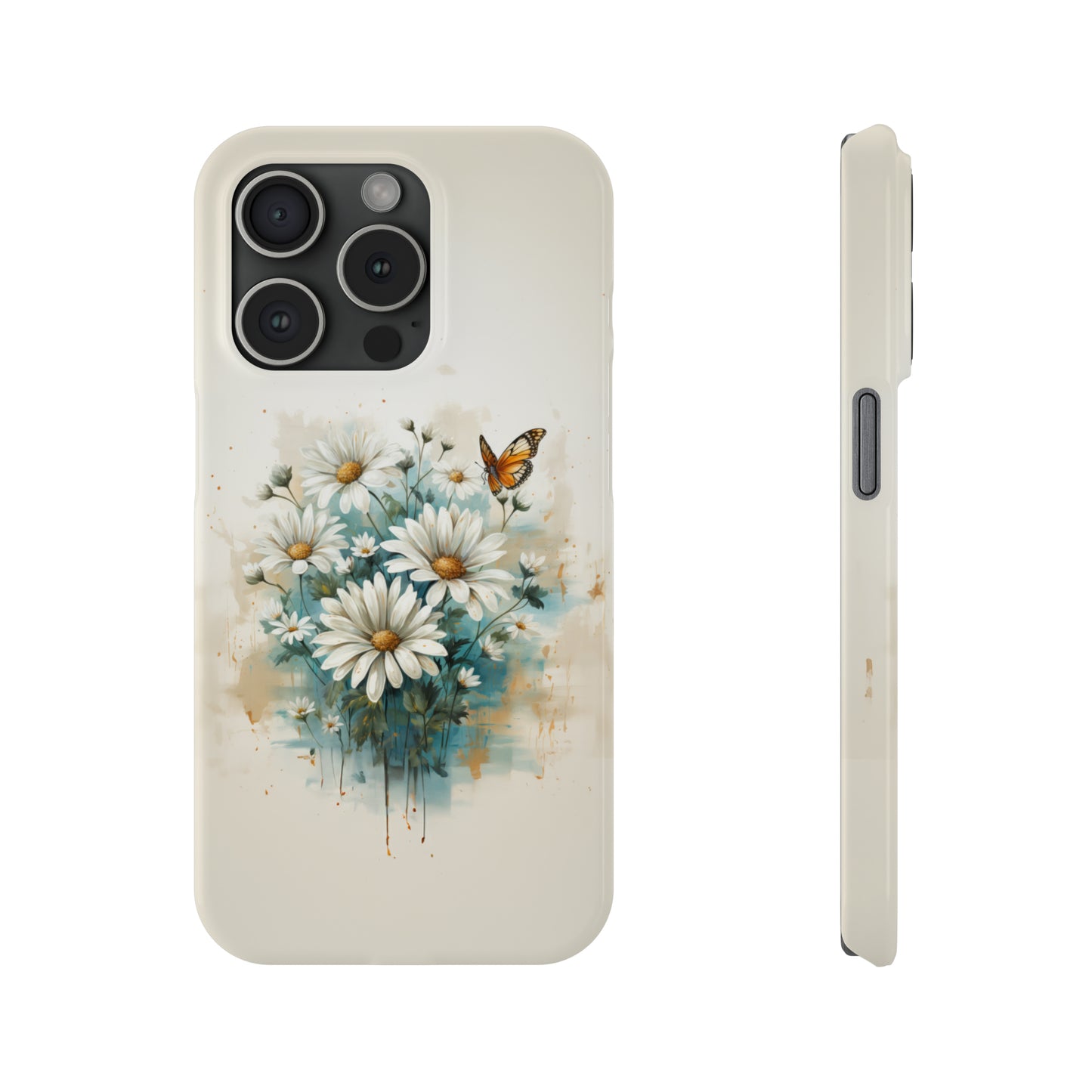 Rustic Farmhouse Teal and White Wild Daisies and Butterflies Iphone 15-12 Slim Phone Case