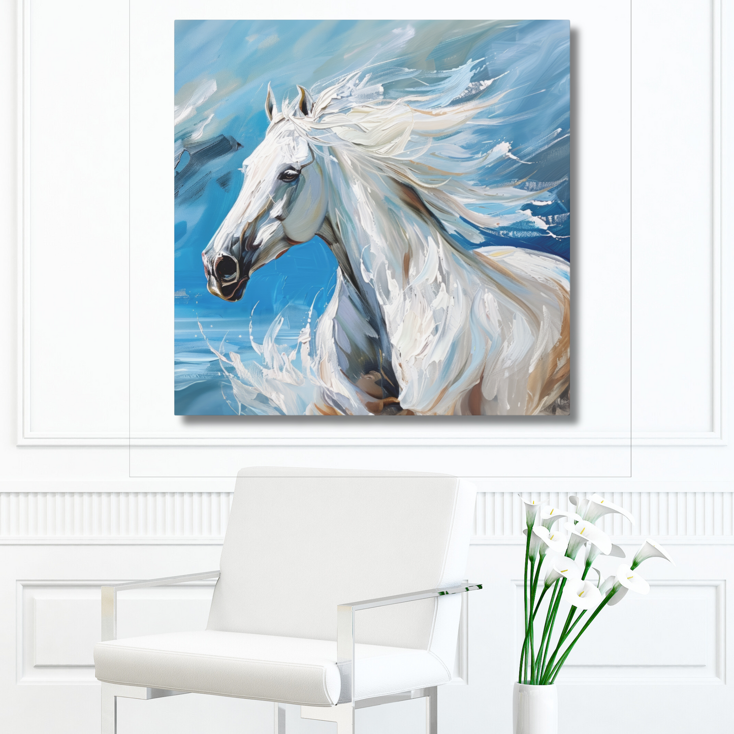 Majestic White Stallion Galloping Along the Ocean's Edge Print on Canvas Gallery - 4 Sizes